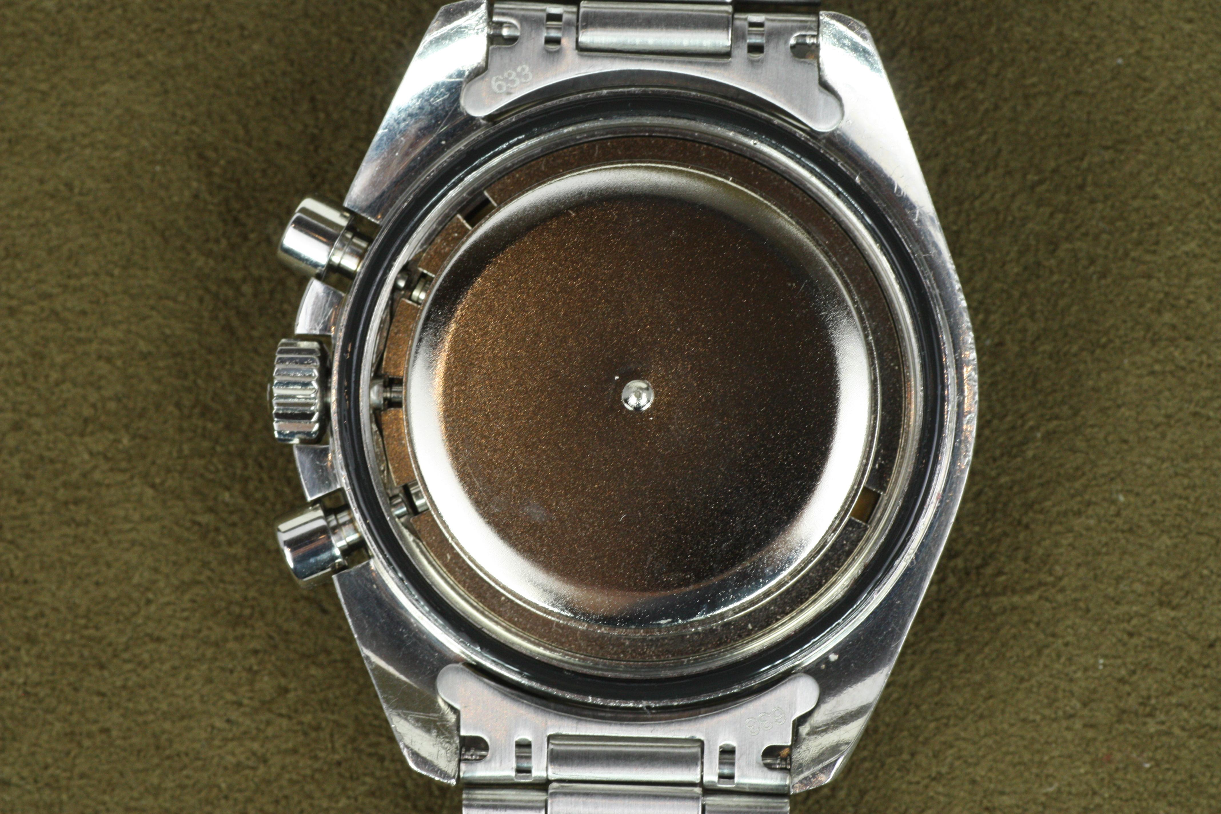 Reloj Omega Speedmaster Moon de los años 70 Primera generación Fondo de caja de escritura recta en venta 6