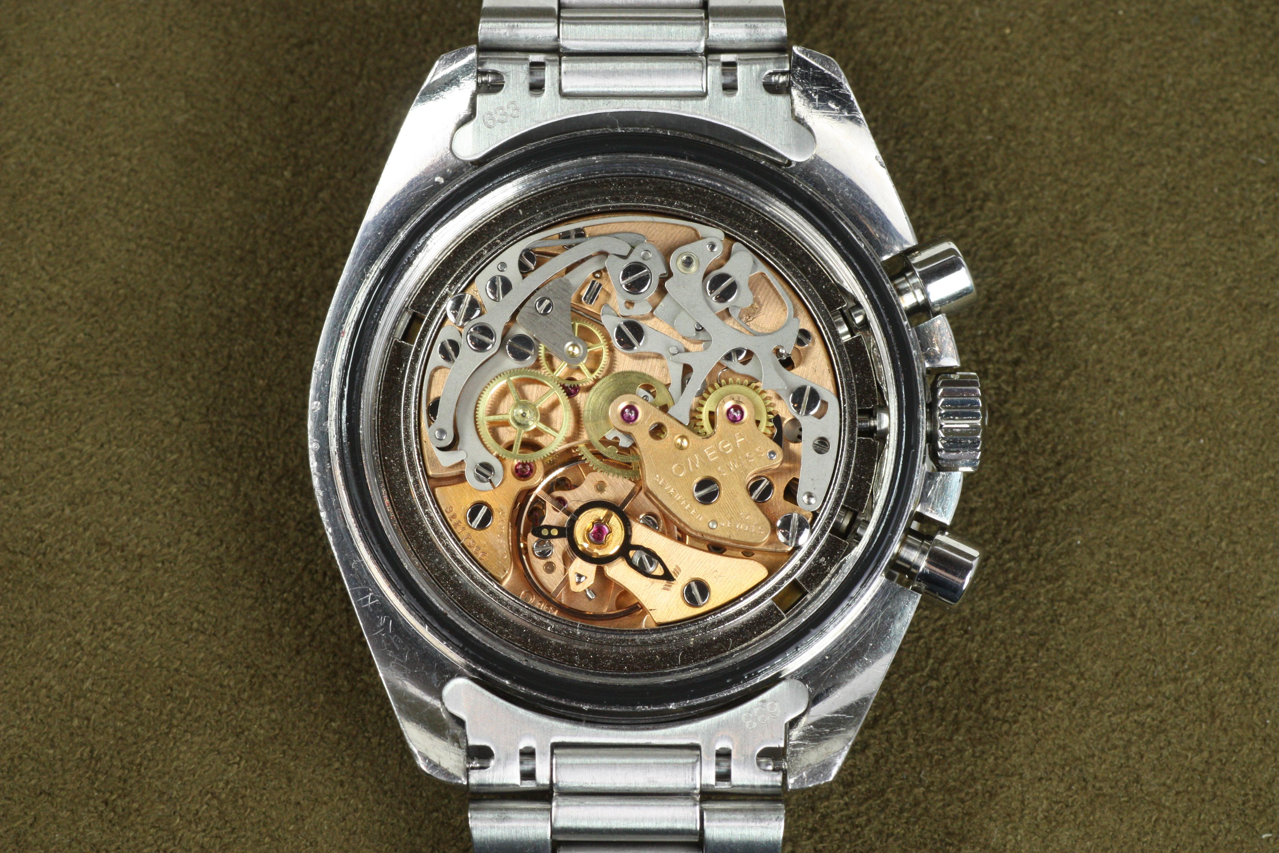 Reloj Omega Speedmaster Moon de los años 70 Primera generación Fondo de caja de escritura recta en venta 9