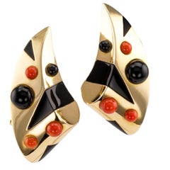 1970s Onyx Coral Modernist Gold Earrings