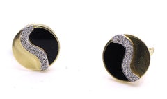 1970s Onyx Diamond Gold " Alpha Omega " Ear Clips