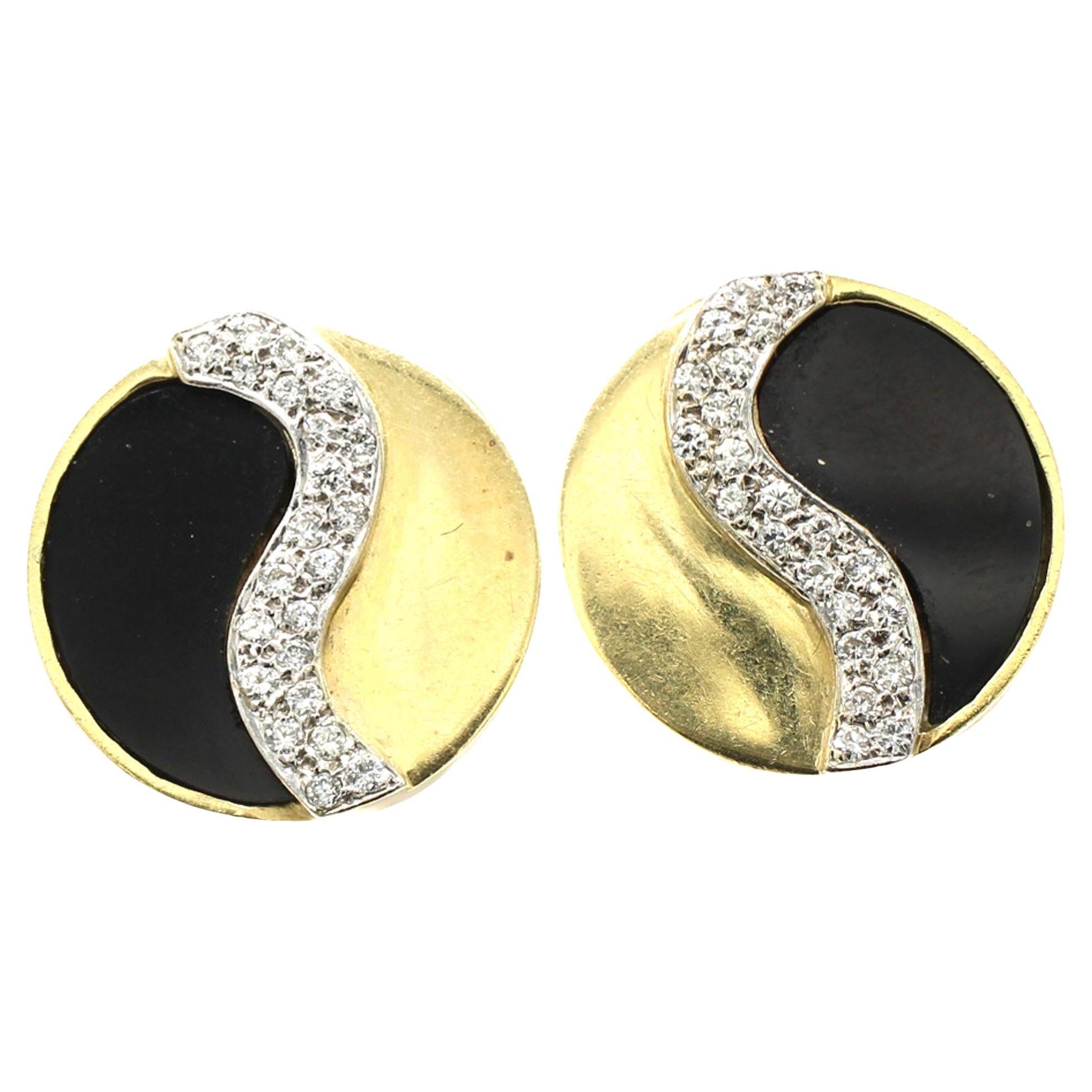 1970s Onyx Diamond Gold " Alpha Omega " Ear Clips