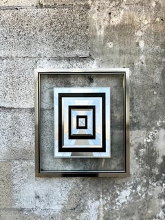 1970s Op-Art Geometric Black and Silver Foil Framed Print.