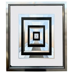 1970s Op-Art Geometric Black and Silver Foil Framed Print.