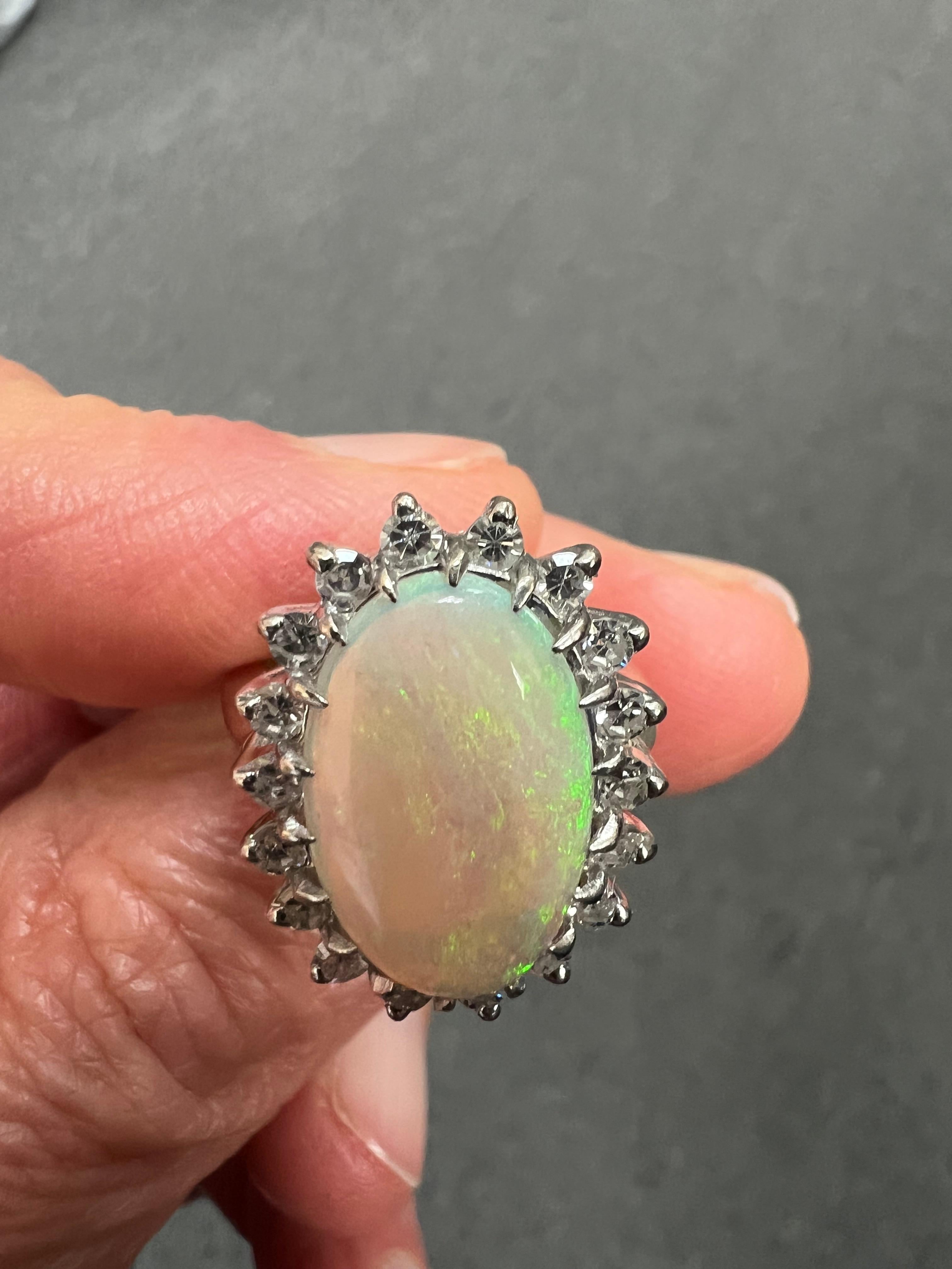 Cabochon 1970s Opal Diamond White Gold Ring  For Sale