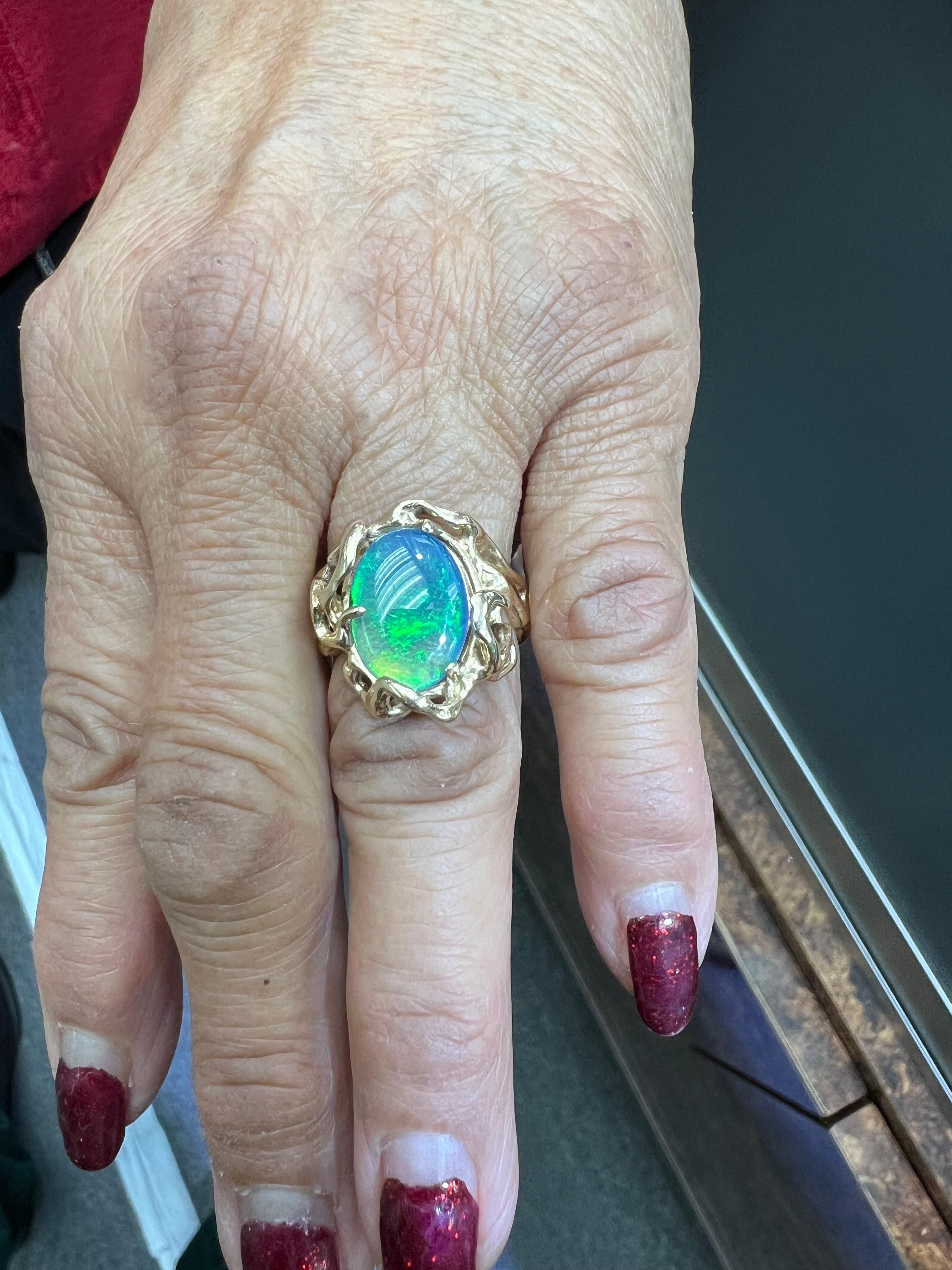 Modern 1970s Opal Doublet Freeform Designed 14k Yellow Gold Ring For Sale