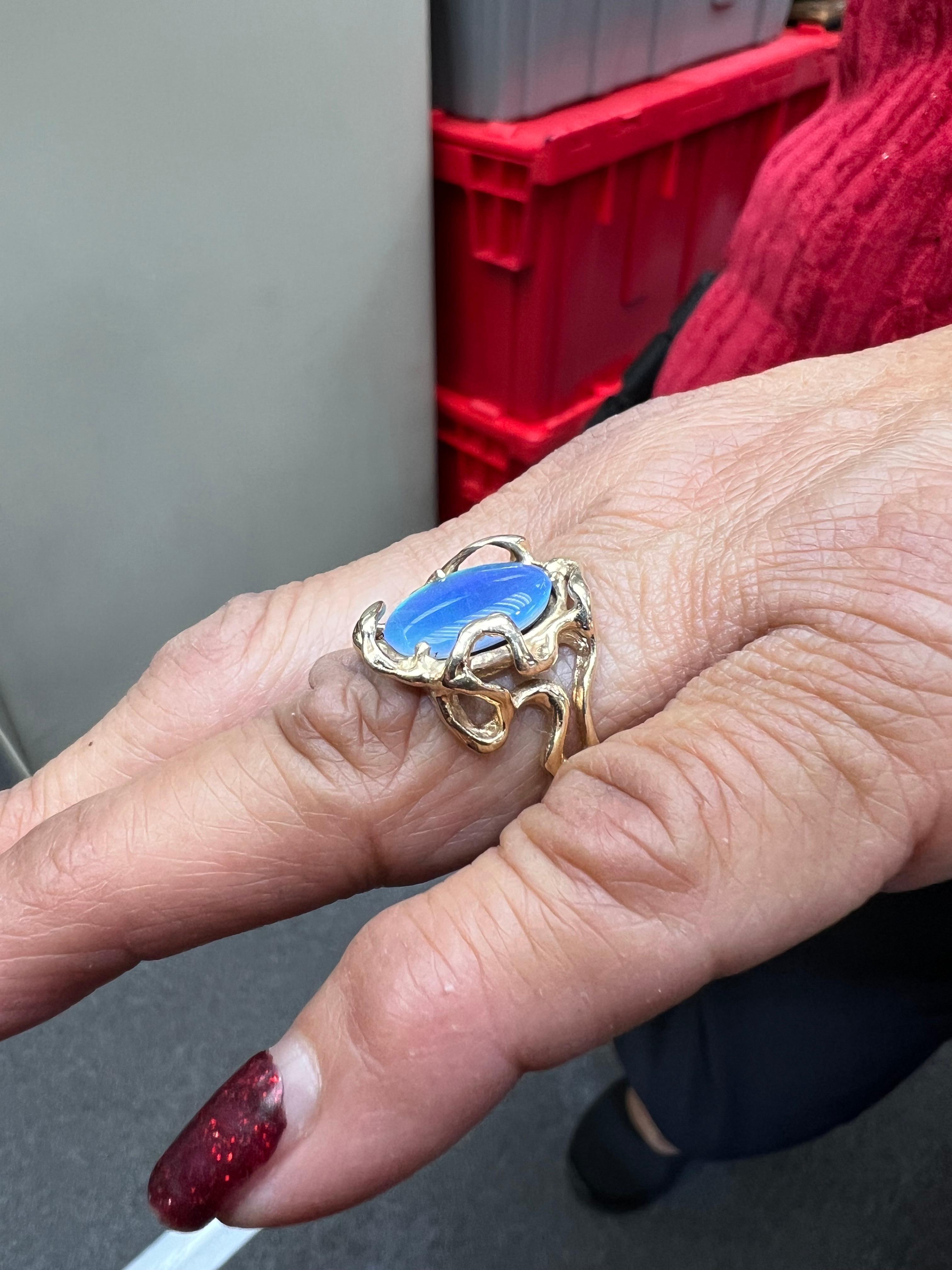 Oval Cut 1970s Opal Doublet Freeform Designed 14k Yellow Gold Ring For Sale