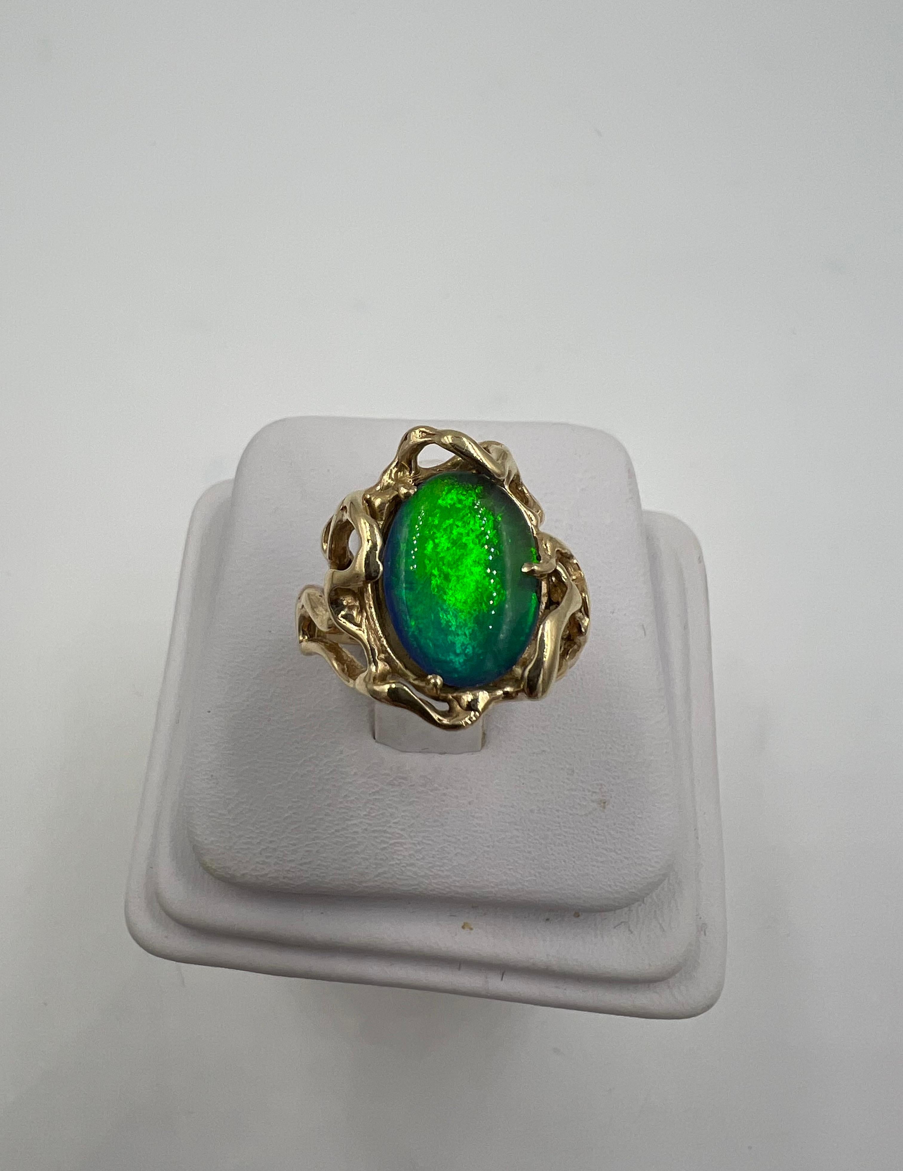 Women's or Men's 1970s Opal Doublet Freeform Designed 14k Yellow Gold Ring For Sale