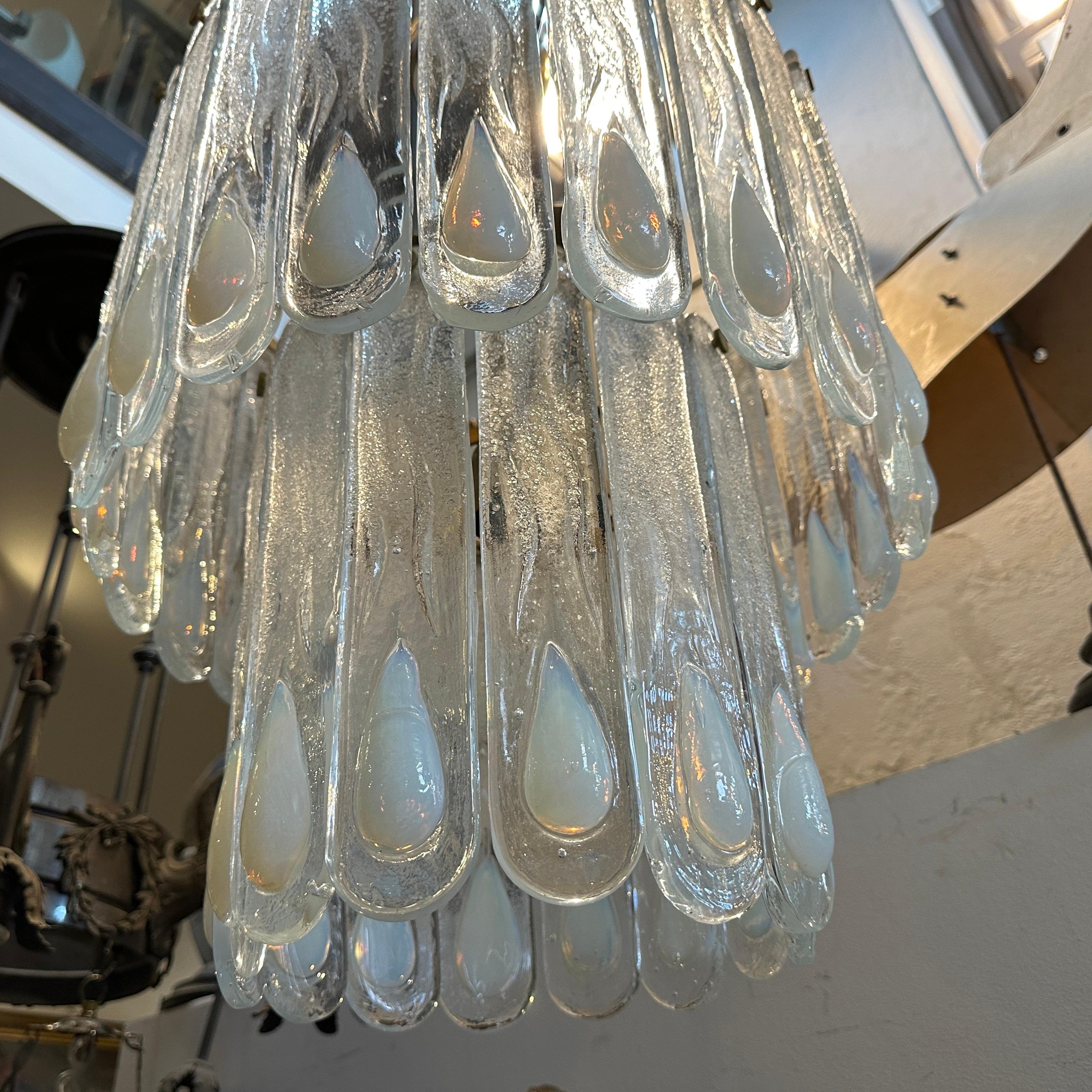 Mid-Century Modern 1970s Opalescent Murano Glass and Gilded Metal Cascade Chandelier by Mazzega For Sale