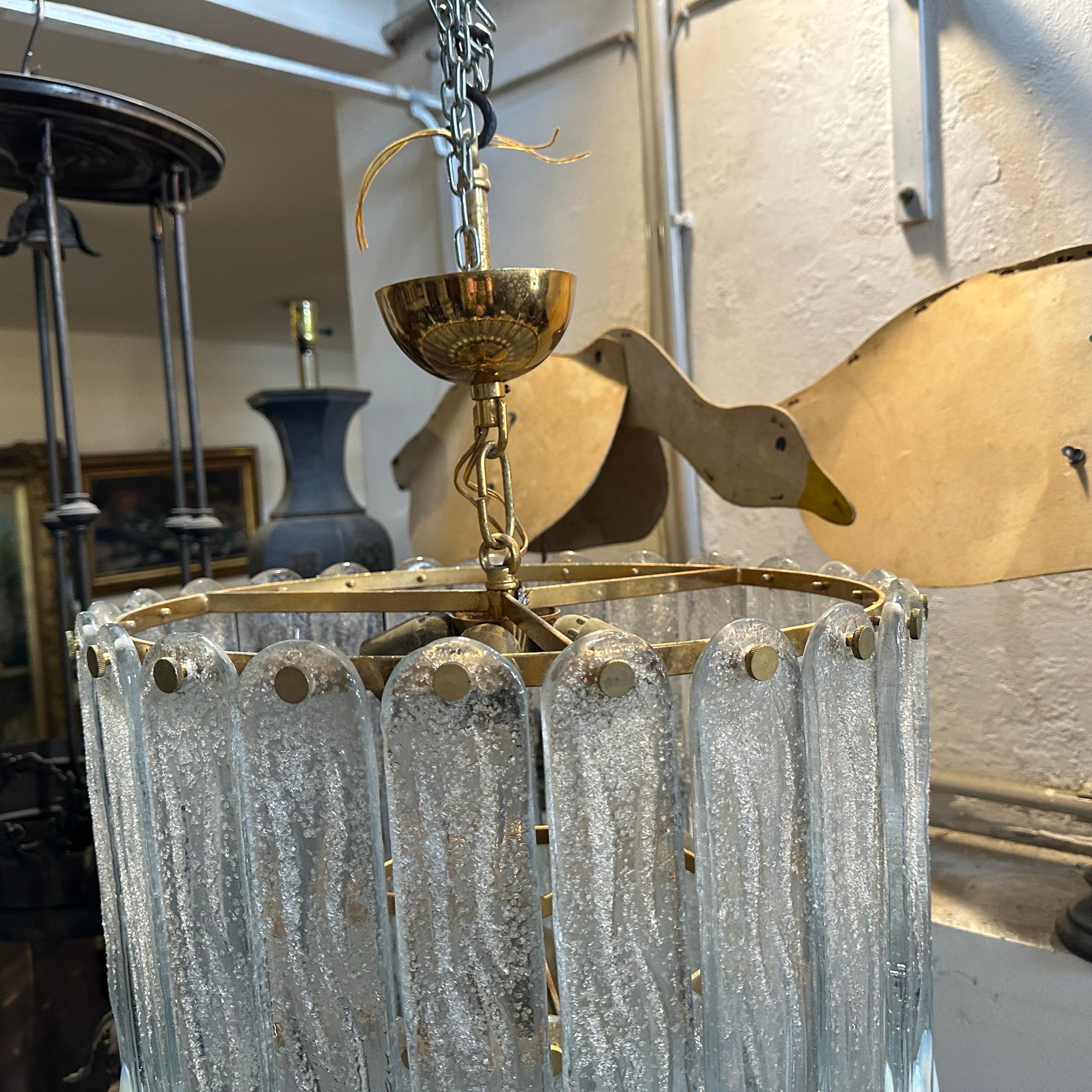 Hand-Crafted 1970s Opalescent Murano Glass and Gilded Metal Cascade Chandelier by Mazzega For Sale
