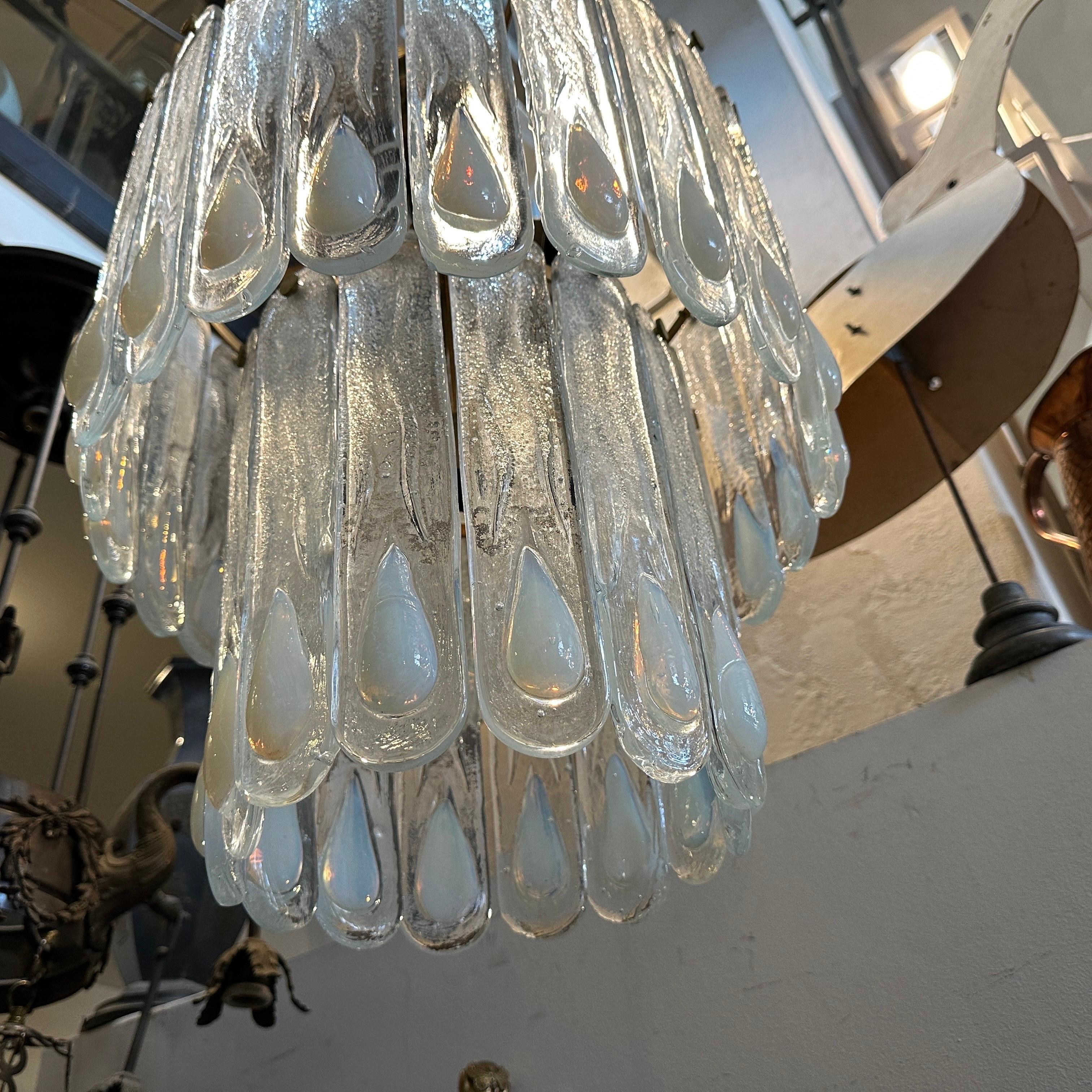 20th Century 1970s Opalescent Murano Glass and Gilded Metal Cascade Chandelier by Mazzega For Sale