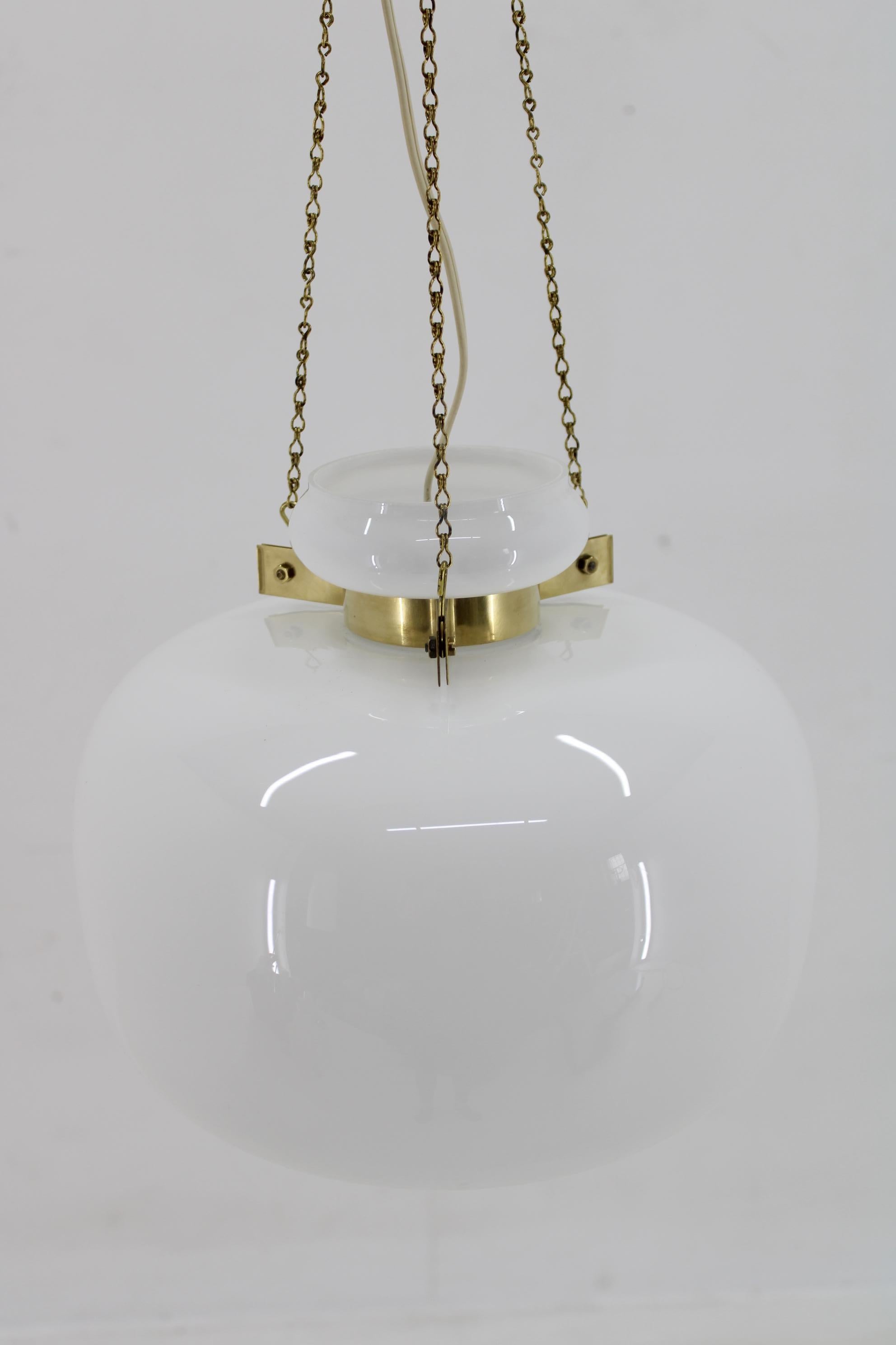 Mid-Century Modern 1970s Opaline Glass & Brass Pendant Light , 2 items available For Sale
