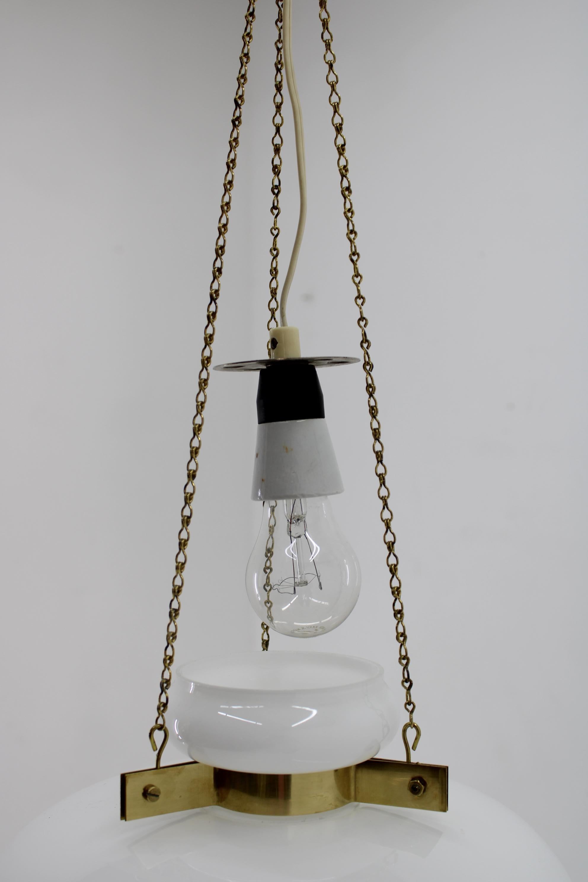 1970s Opaline Glass & Brass Pendant Light , 2 items available In Good Condition For Sale In Praha, CZ