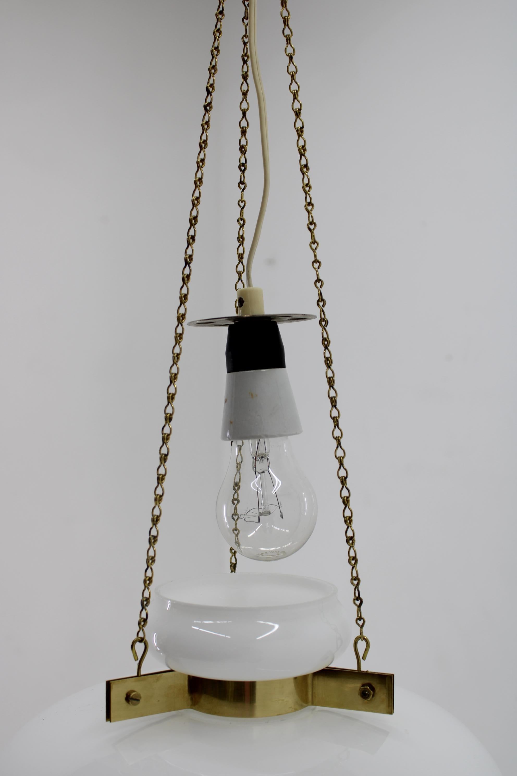 1970s Opaline Glass & Brass Pendant Light In Good Condition For Sale In Praha, CZ