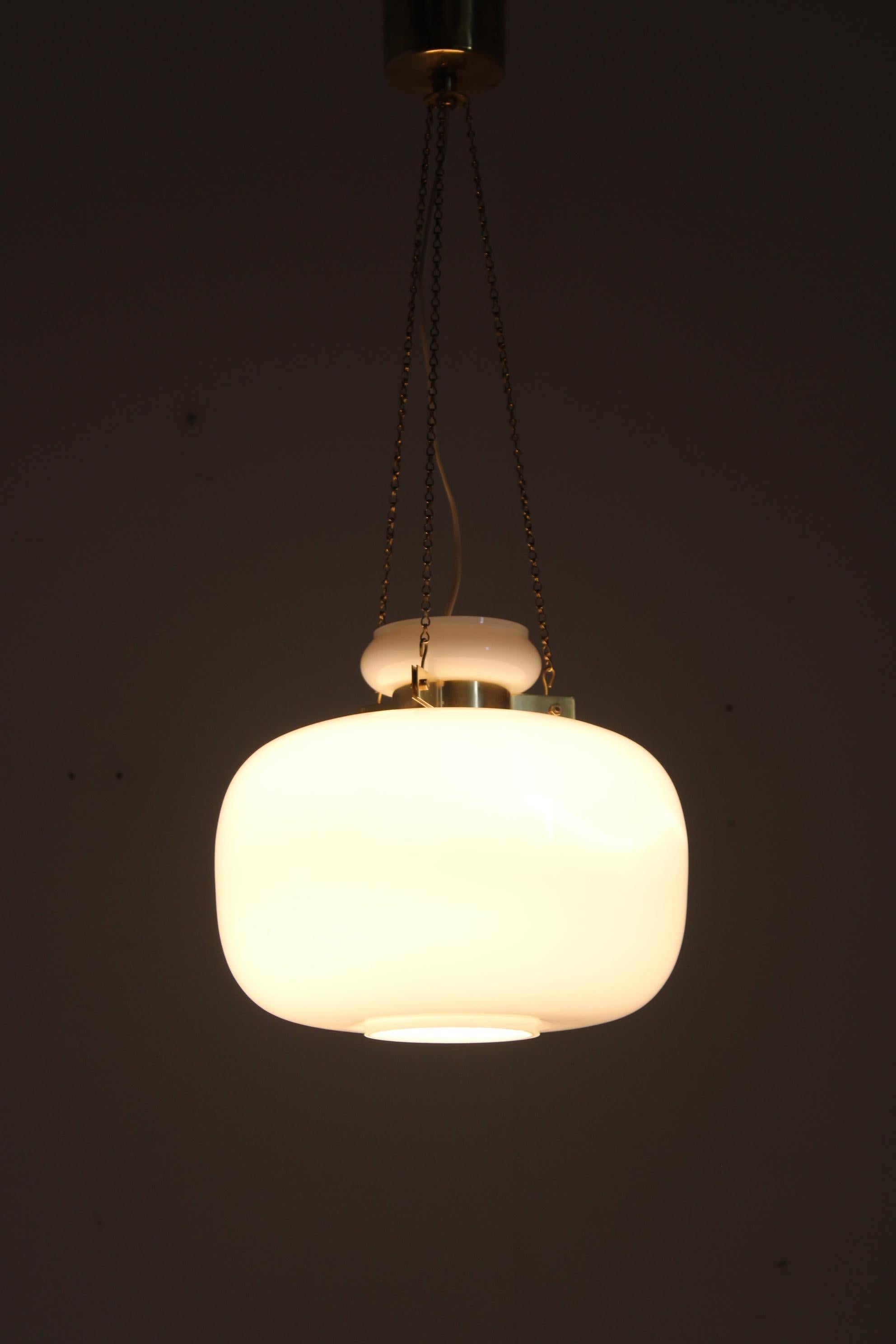 Late 20th Century 1970s Opaline Glass & Brass Pendant Light , 2 items available For Sale