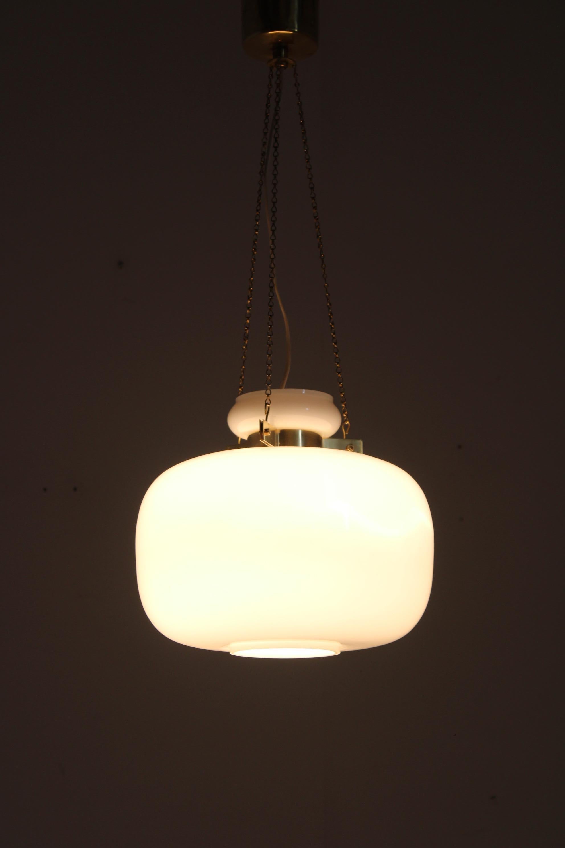 Late 20th Century 1970s Opaline Glass & Brass Pendant Light For Sale