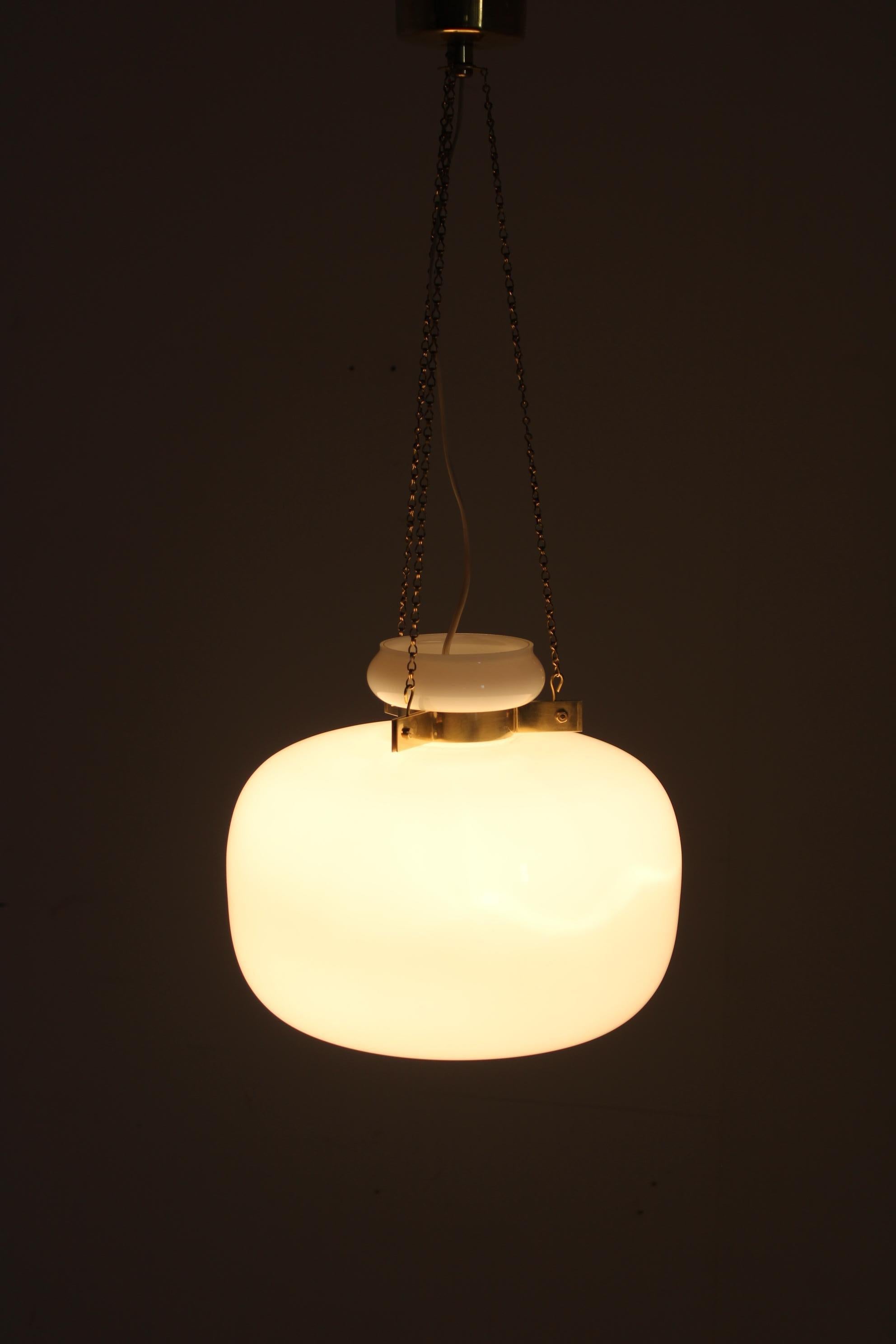 1970s Opaline Glass & Brass Pendant Light For Sale 1