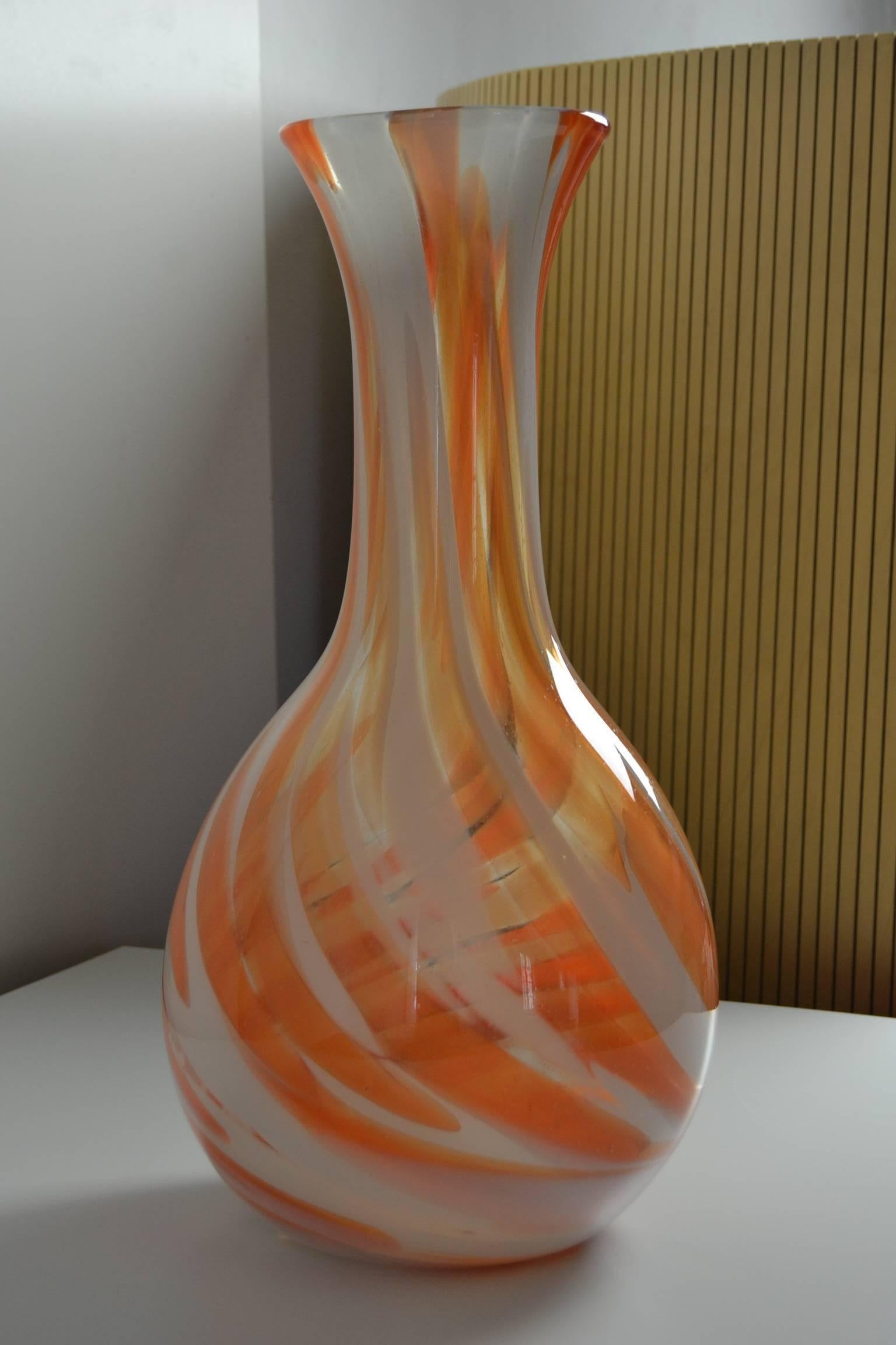 Italian 1970s Orange, White Marbled Murano Glass Floor Vase, Carlo Moretti Italy 