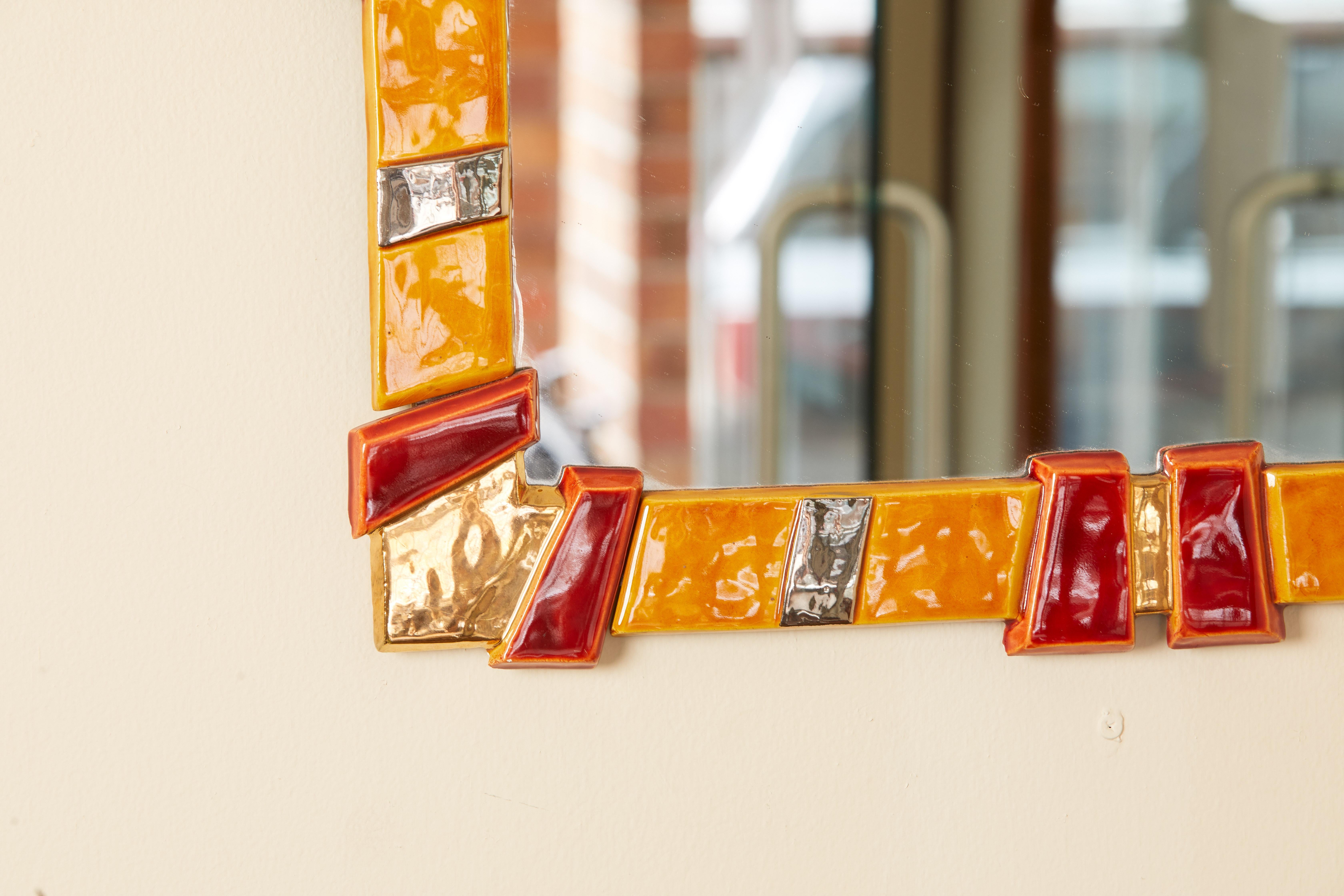 1970s Orange, Amber, Gold Ceramic Square Mirror In Good Condition In Aspen, CO