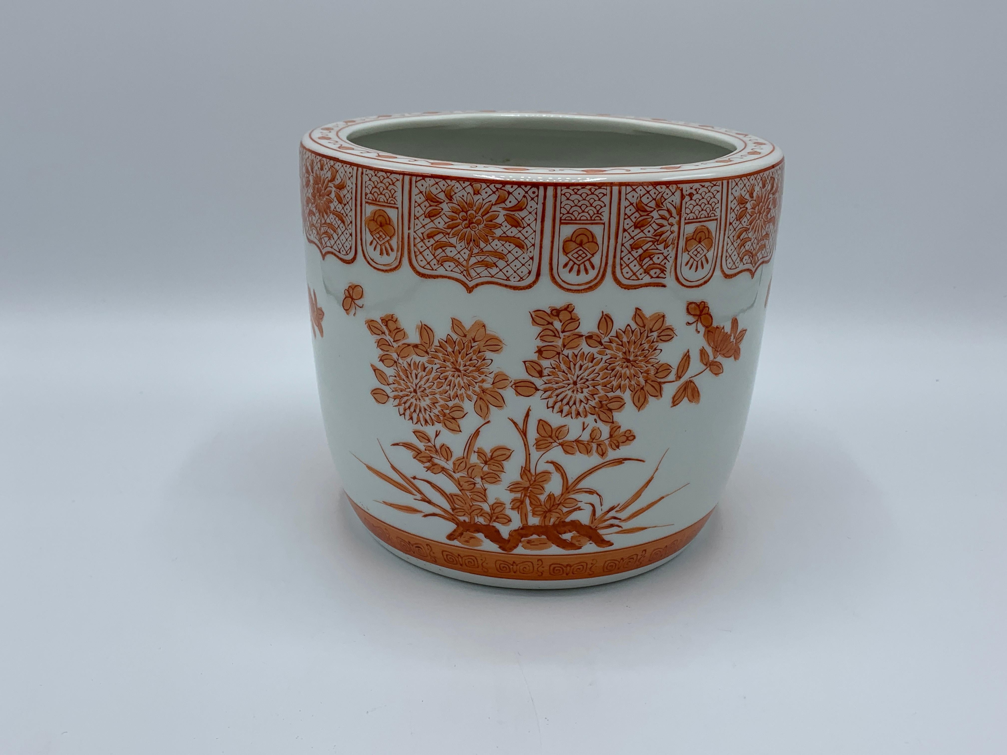 Chinoiserie 1970s Orange and White Floral Painted Cachepot
