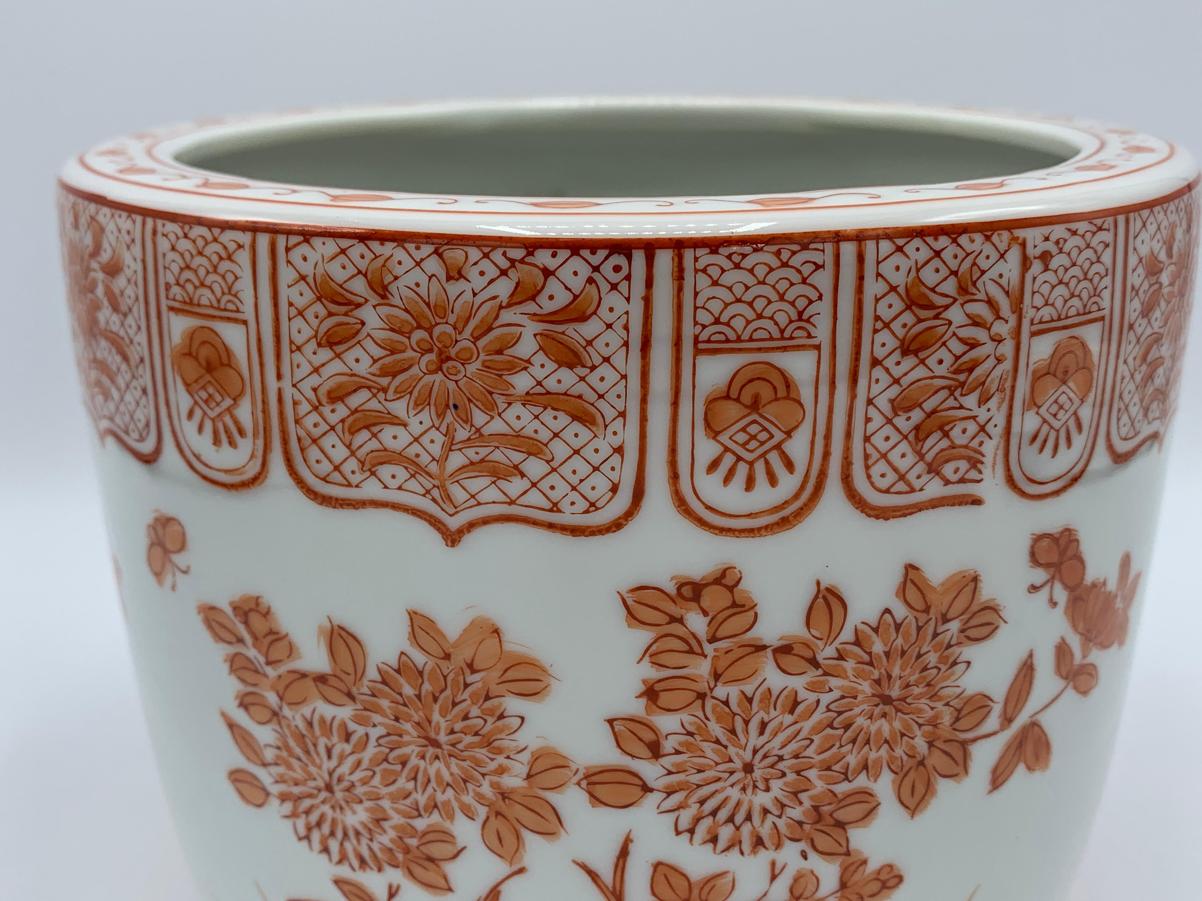 20th Century 1970s Orange and White Floral Painted Cachepot