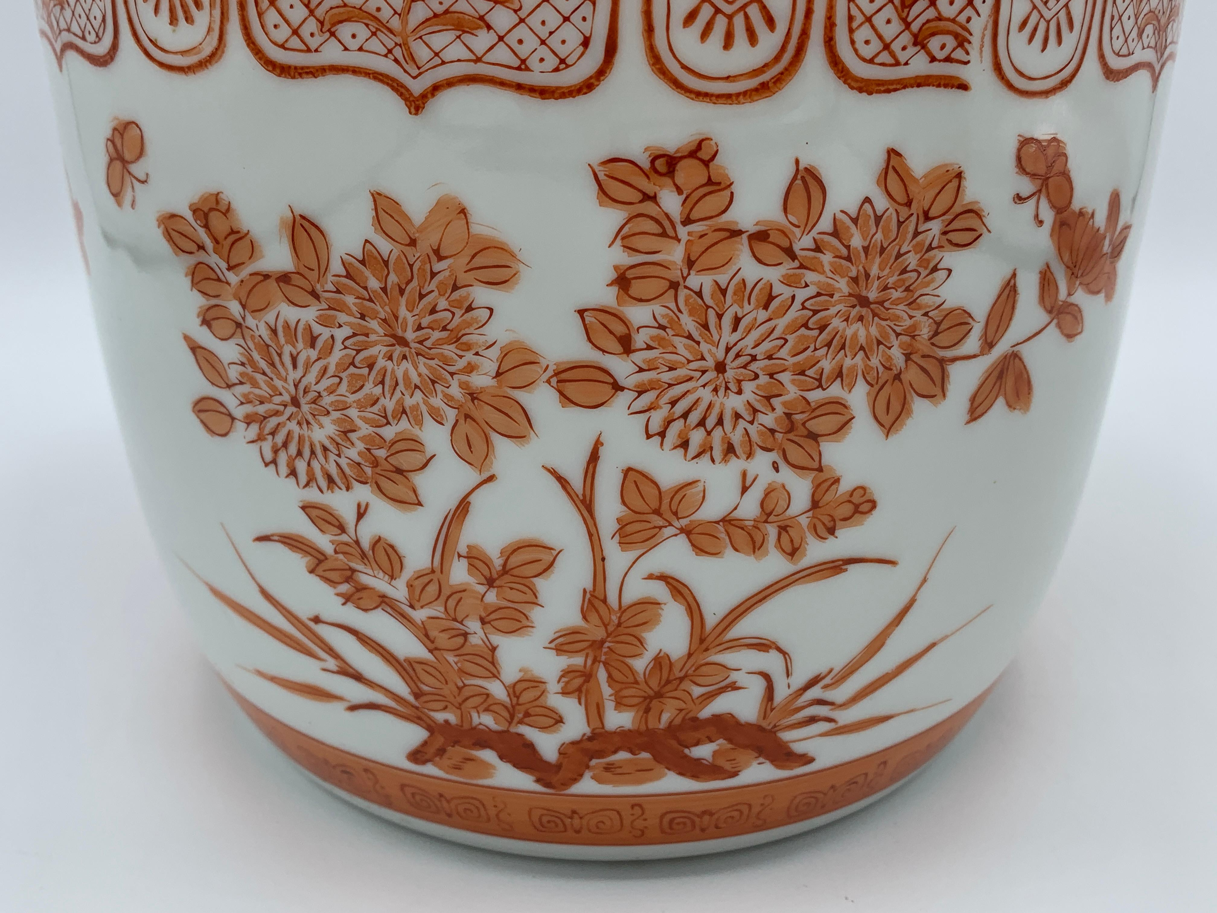 Porcelain 1970s Orange and White Floral Painted Cachepot