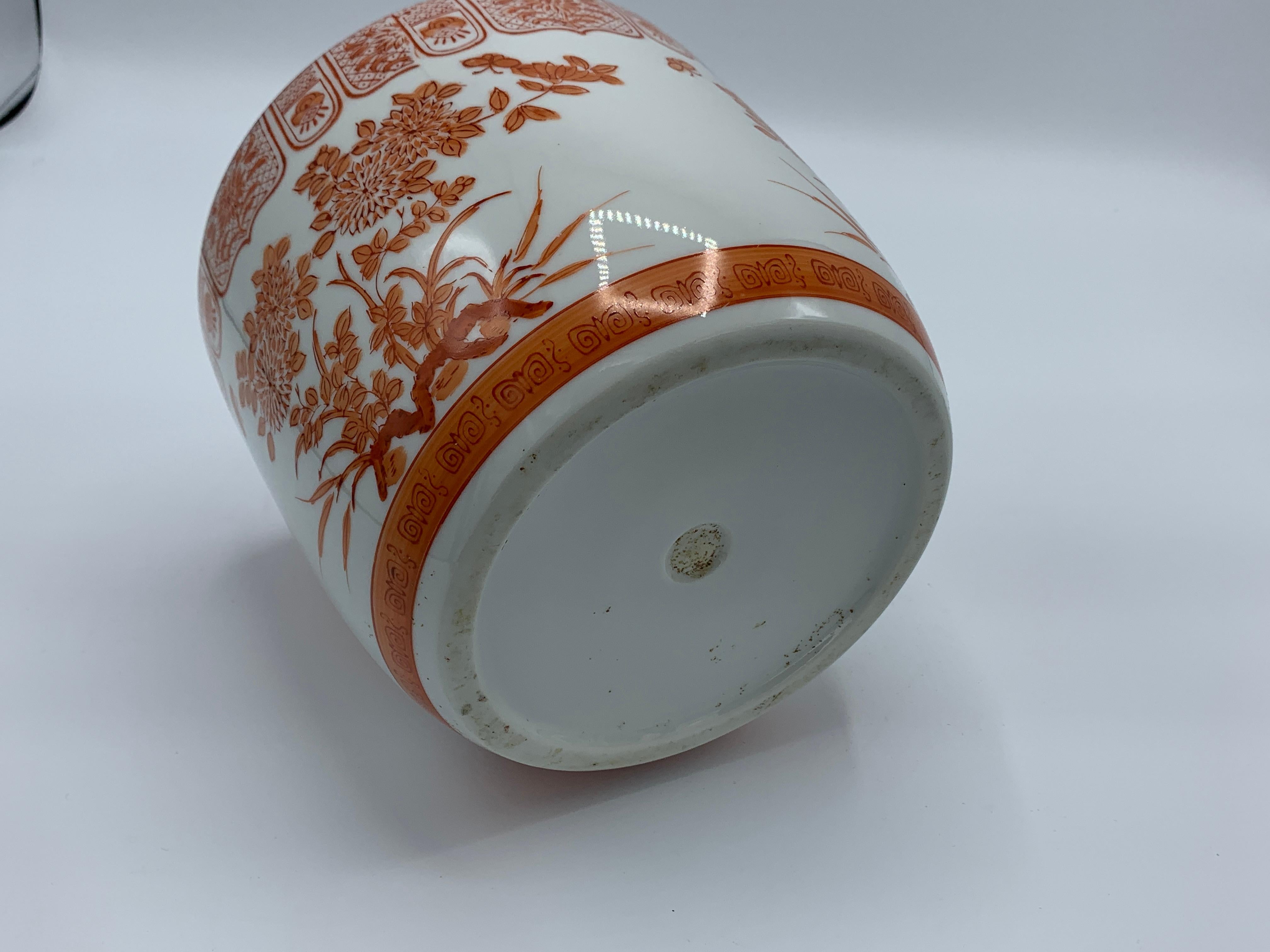 1970s Orange and White Floral Painted Cachepot 1