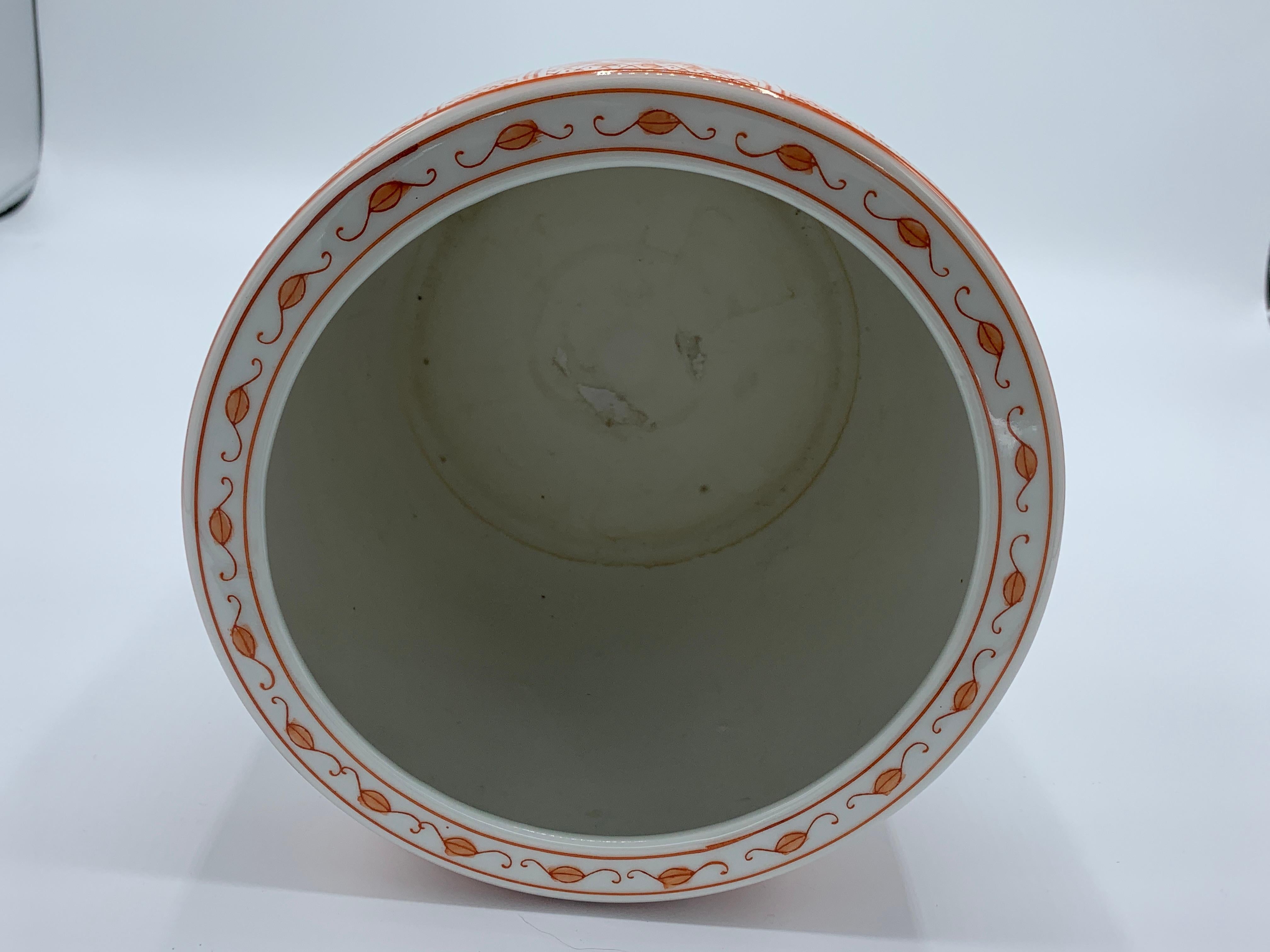 1970s Orange and White Floral Painted Cachepot 2