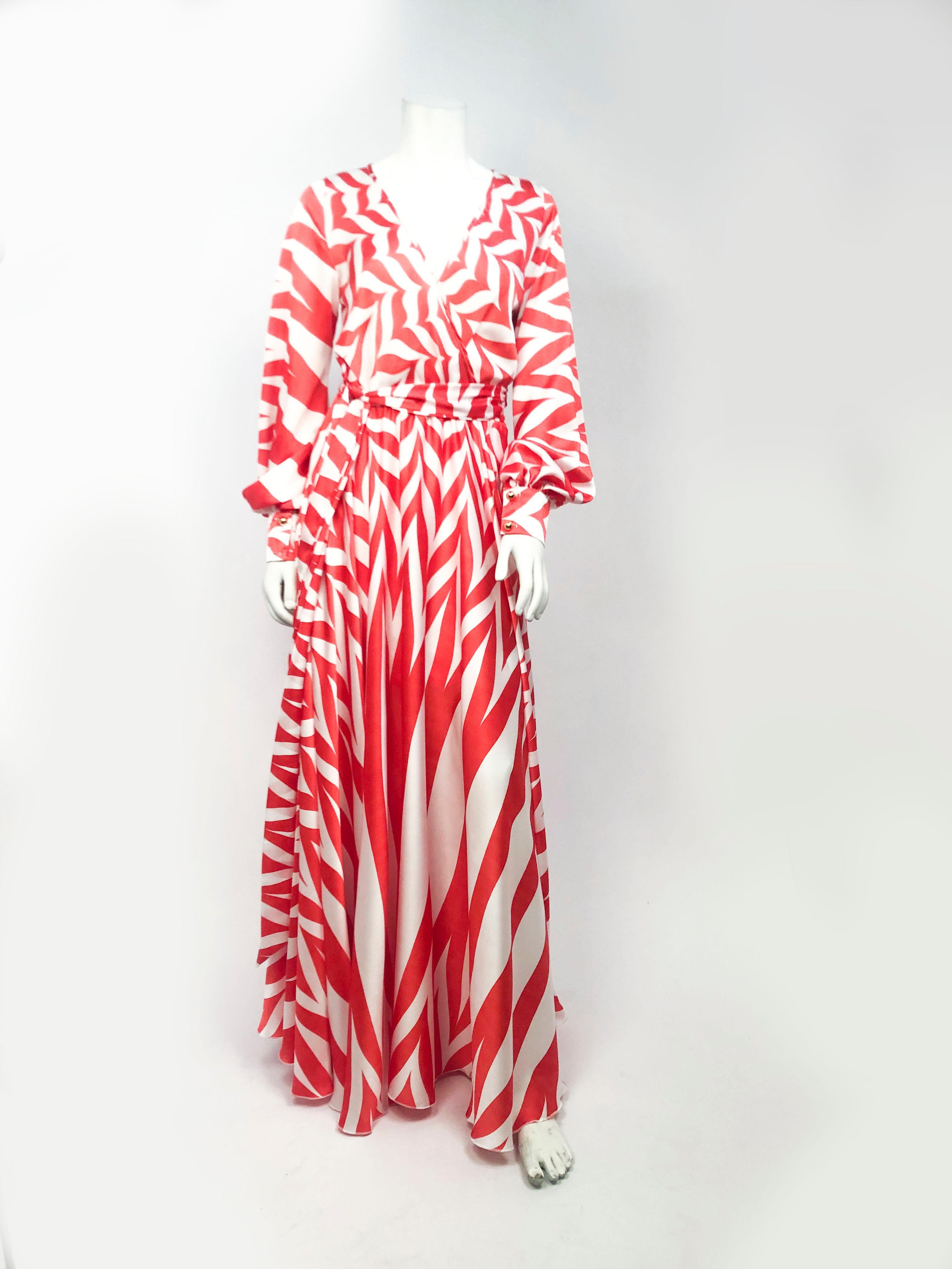 Women's 1970s Orange and White Geometric Printed Dress 