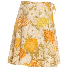 1970S Orange & Olive Green Cotton Floral Wrap Skirt