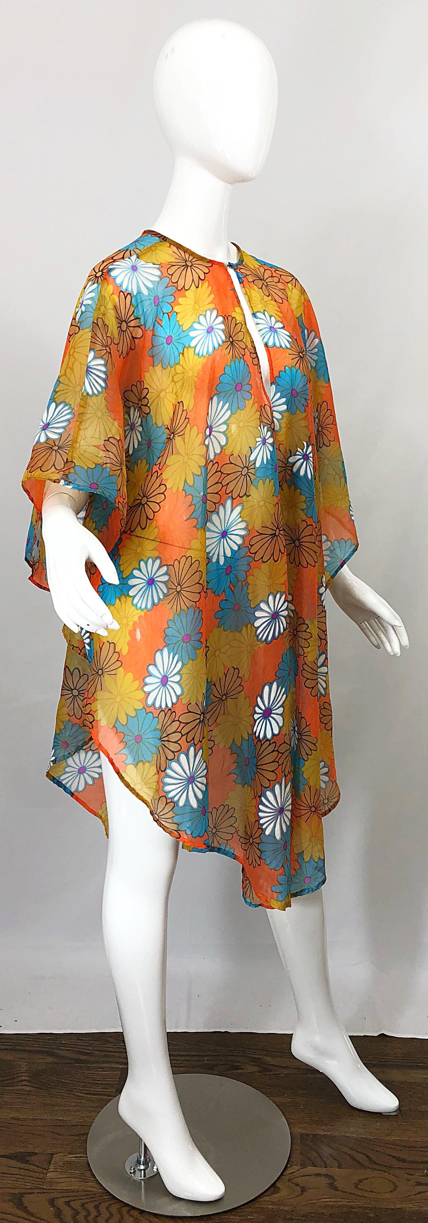 1970s Orange + Blue + Purple Flower Power Chiffon Semi Sheer Vintage 70s Poncho For Sale 3