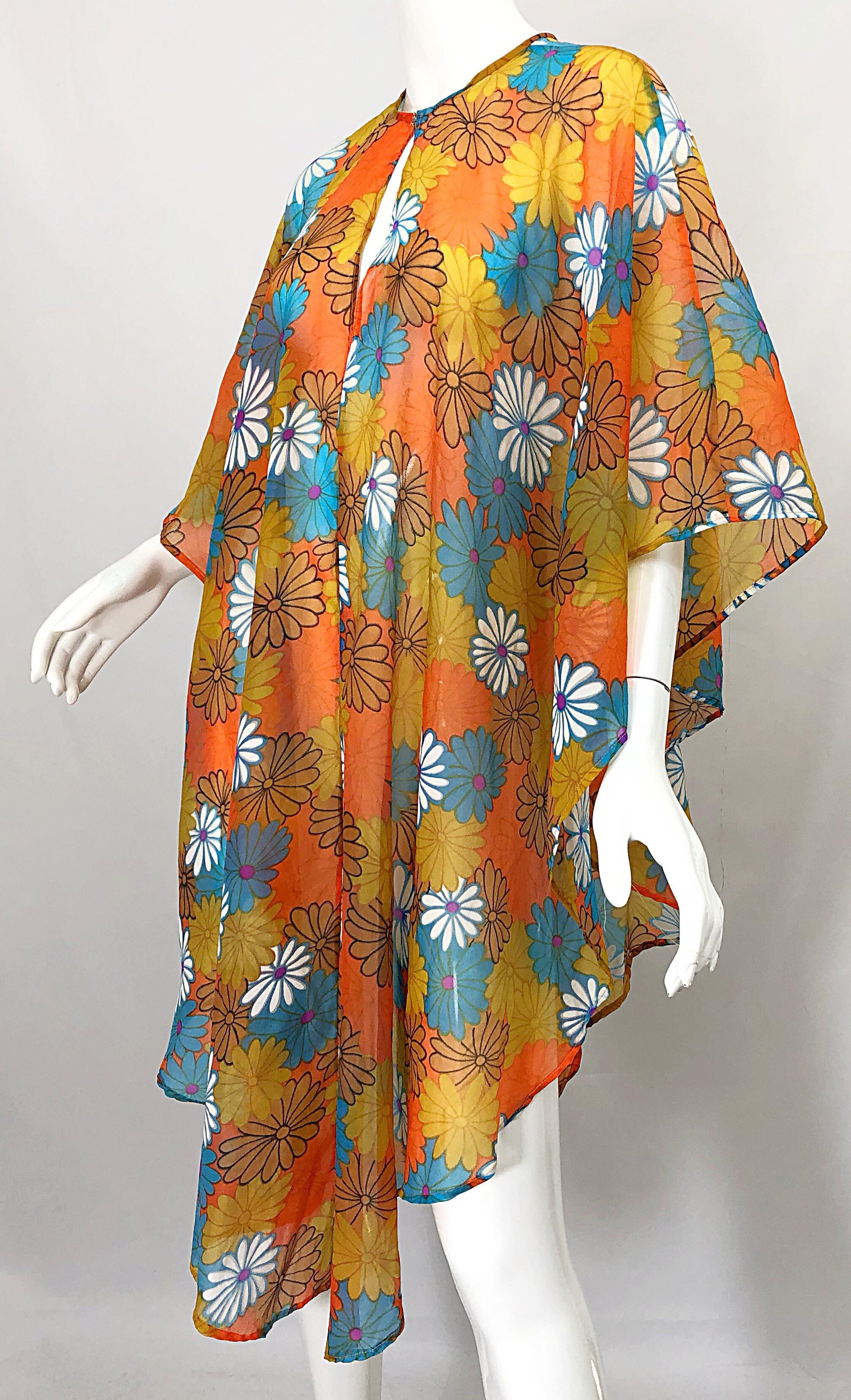 1970s Orange + Blue + Purple Flower Power Chiffon Semi Sheer Vintage 70s Poncho For Sale 4