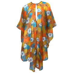 1970s Orange + Blue + Purple Flower Power Chiffon Semi Sheer Retro 70s Poncho