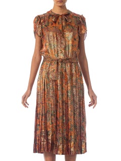 1970S Orange & Brown Silk Lurex Chiffon Day To Night Cocktail Dress
