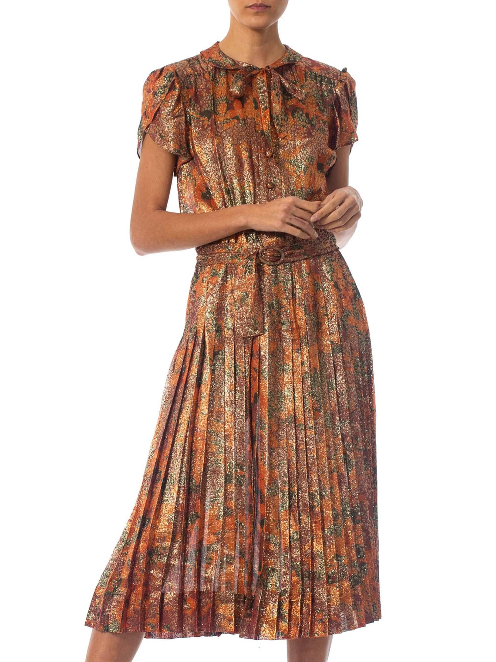 1970S Orange & Brown Silk Lurex Chiffon Day To Night Cocktail Dress For Sale 1