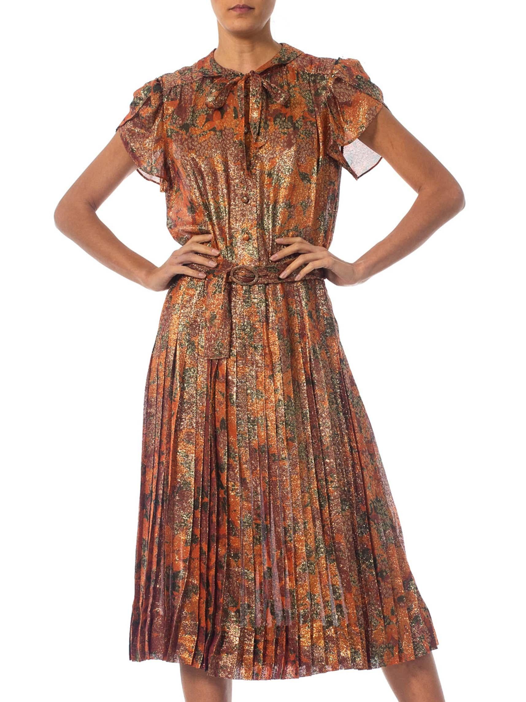 1970S Orange & Brown Silk Lurex Chiffon Day To Night Cocktail Dress For Sale 2