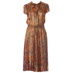 1970S Orange & Brown Silk Lurex Chiffon Day To Night Cocktail Dress