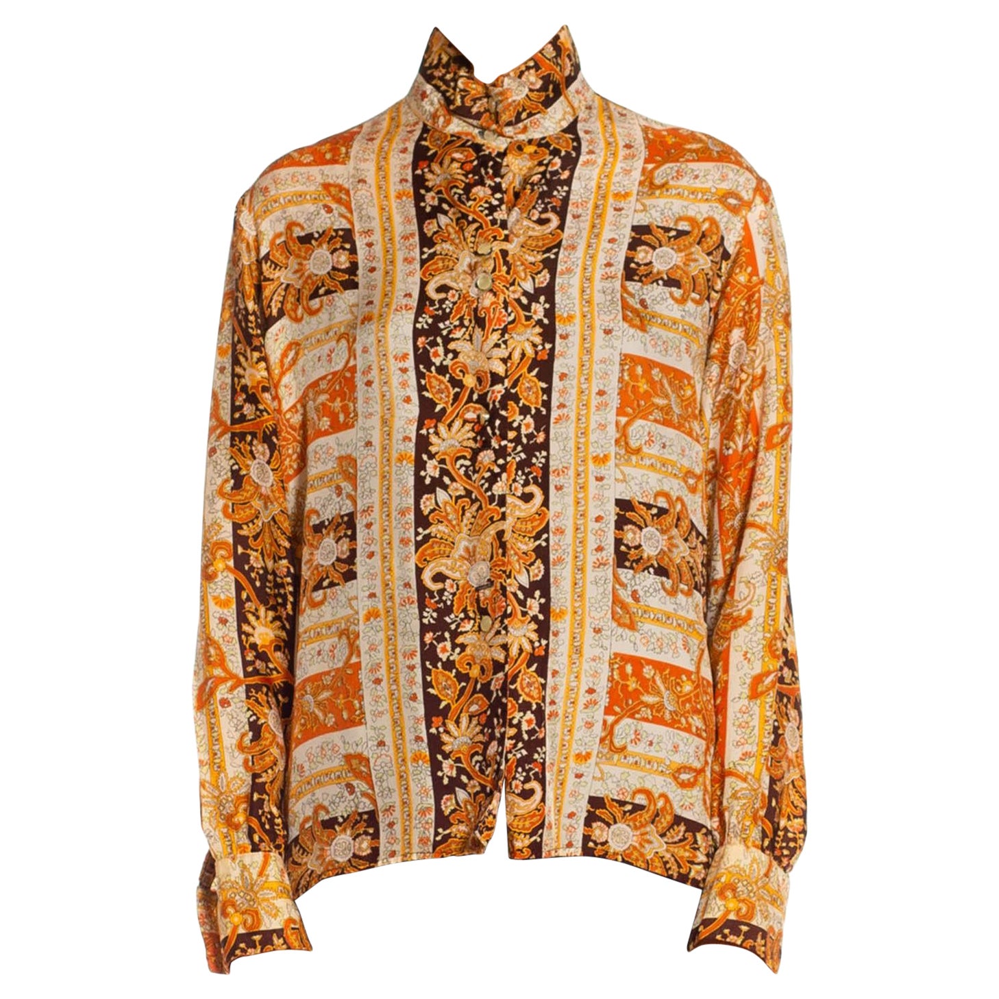 1970S Orange Brown & White Polyester Funky Striped Disco Shirt