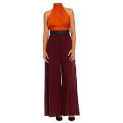 1970S Orange & Burgundy Polyester Jersey Color Blocked Halter Neck Jumpsuit