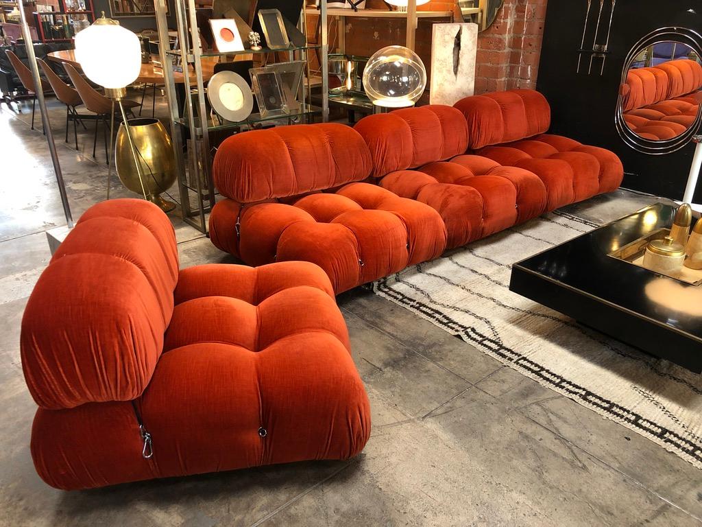 Set of 4 orange Camaleonda sectional sofa by Mario Bellini, 1970s. Original fabric!
Mario Bellini, modular 'Camaleonda' sofa reupholstered in white sheep fabric, Italy, 1972.
This sofa consists of modular elements. The design became famous almost