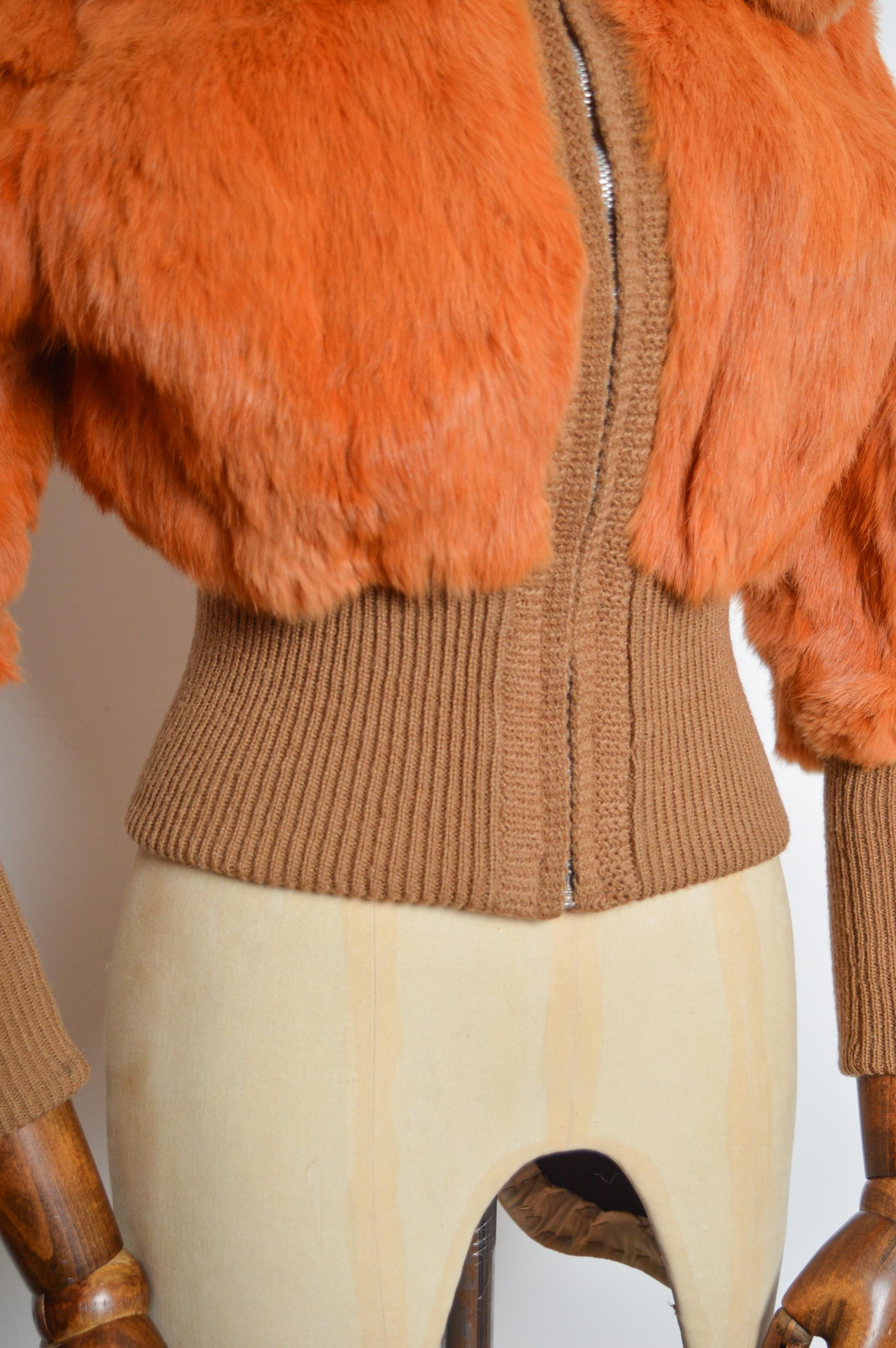1970s Orange Coney fur Cropped Wool Vintage Bomber Jacket - Coat In Good Condition In Sheffield, GB