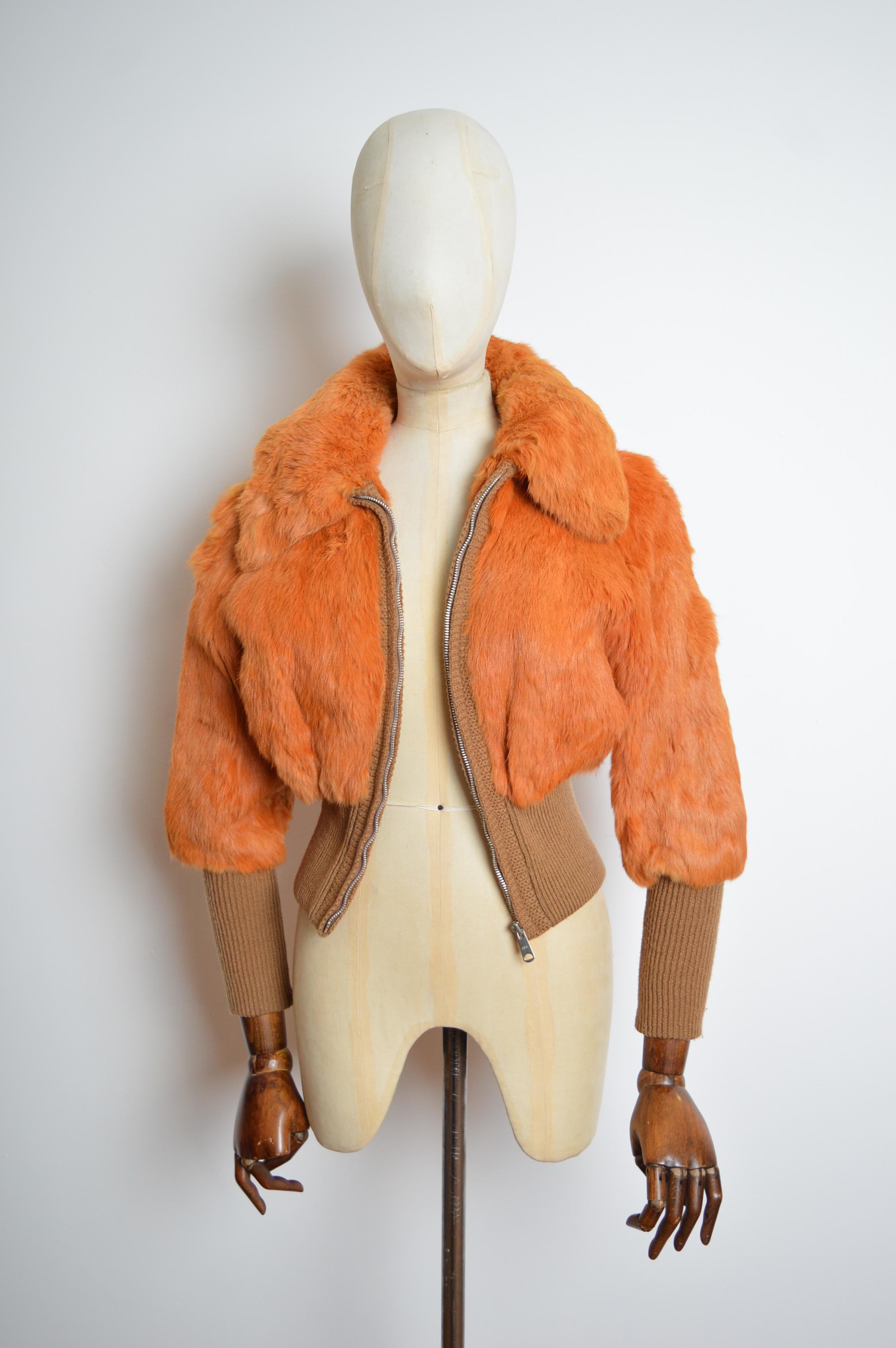 Women's 1970s Orange Coney fur Cropped Wool Vintage Bomber Jacket - Coat
