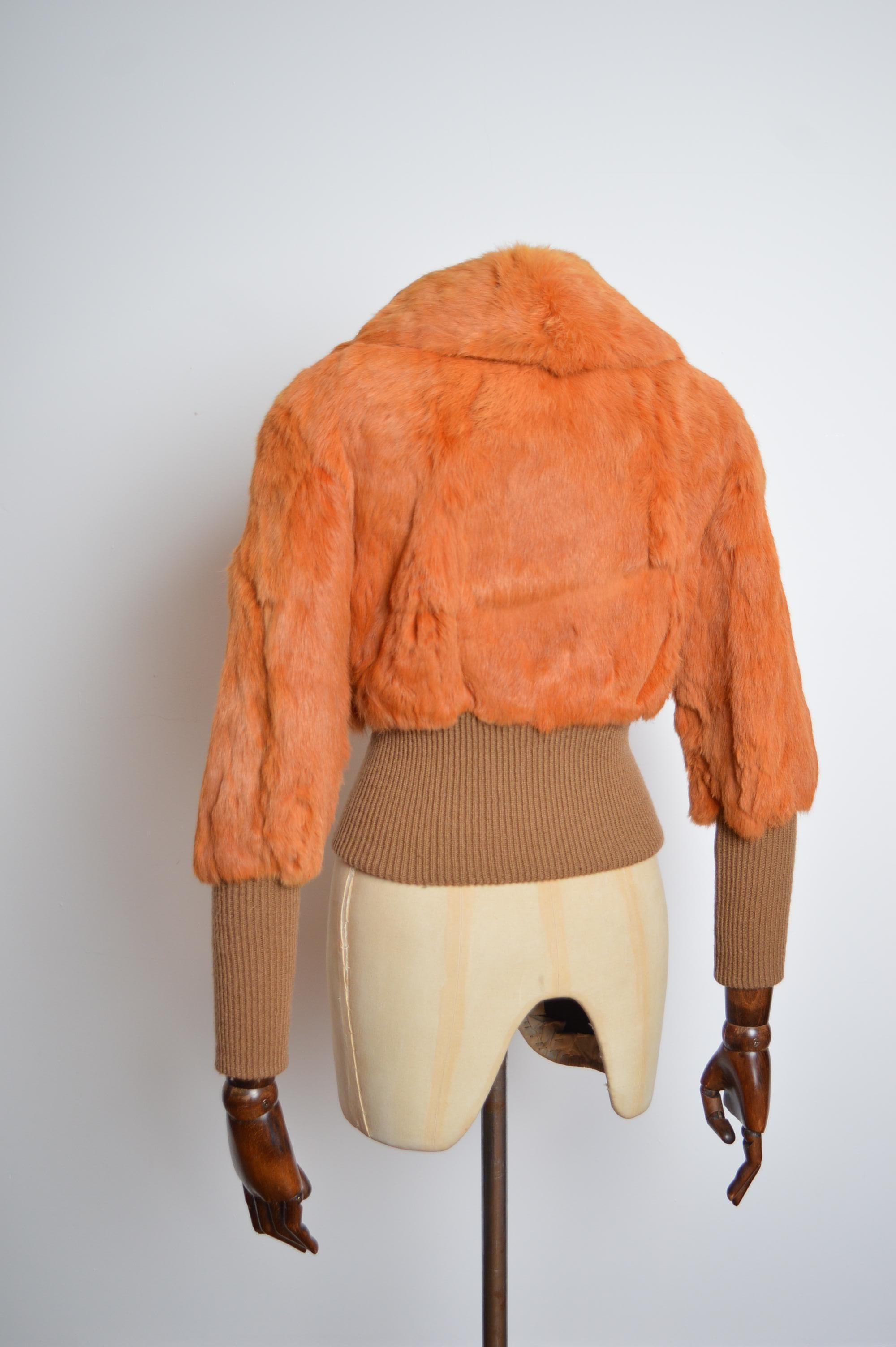 1970s Orange Coney fur Cropped Wool Vintage Bomber Jacket - Coat 1