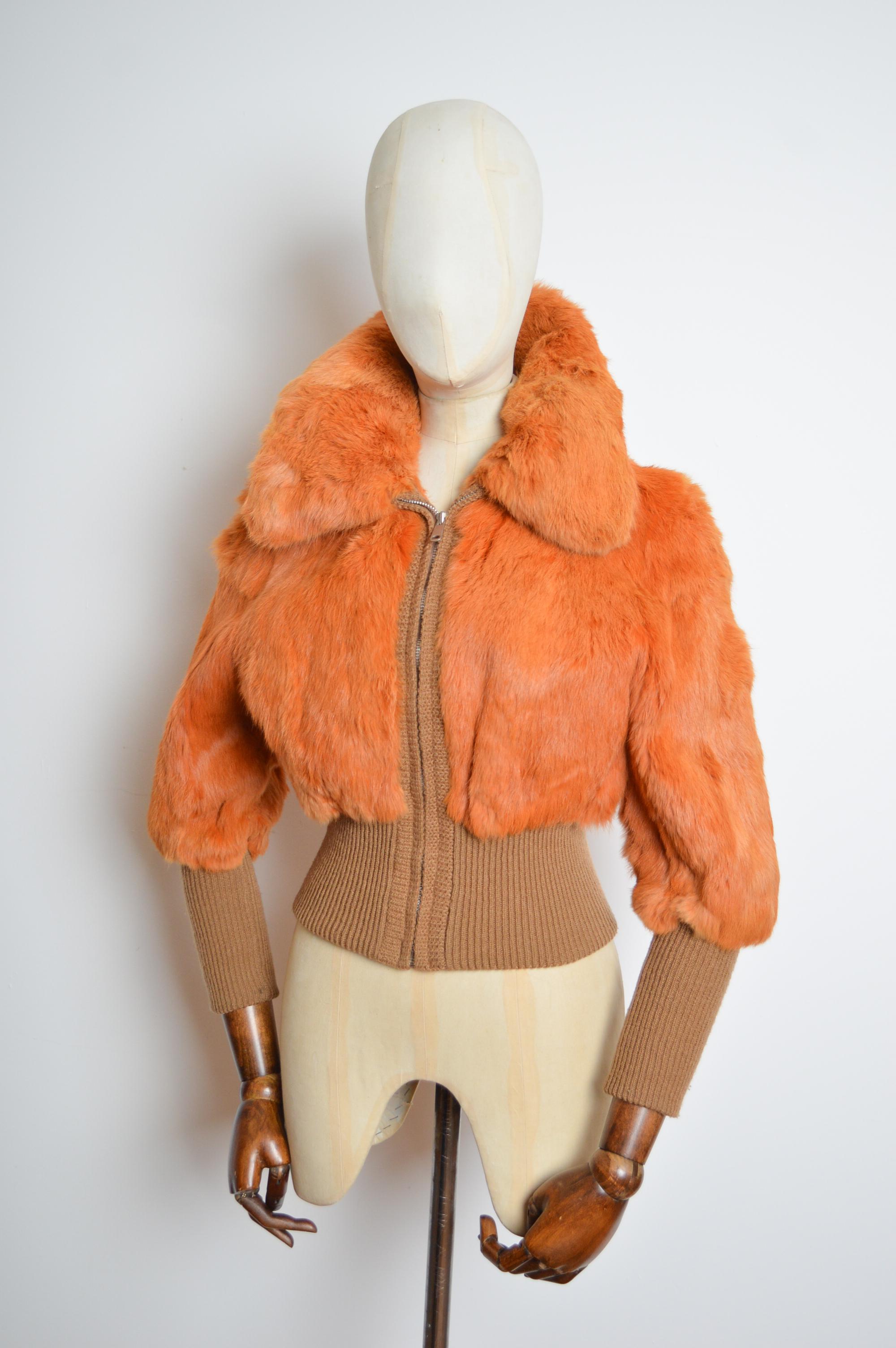 1970s Orange Coney fur Cropped Wool Vintage Bomber Jacket - Coat 2