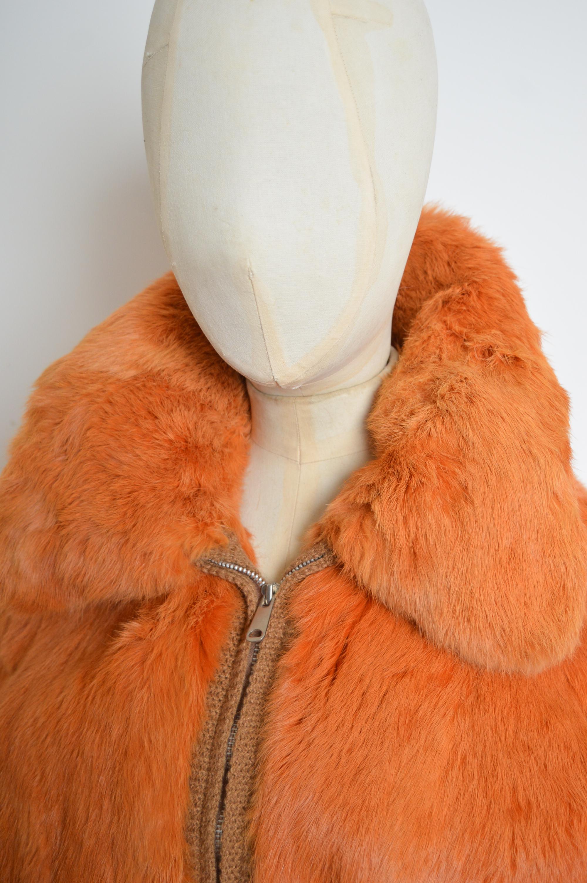 1970s Orange Coney fur Cropped Wool Vintage Bomber Jacket - Coat 3