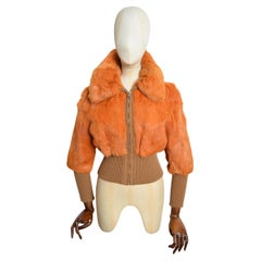 1970s Orange Coney fur Cropped Wool Vintage Bomber Jacket - Coat