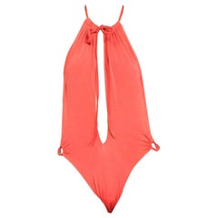 1970S DANSKIN Persimmon Red Poly/Lycra Spandex Cut Out Sexy Halter Swimsuit