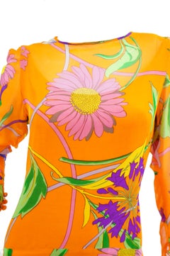 1970s Orange Floral Bias Cut Semi Sheer Dress with Oversized Shawl