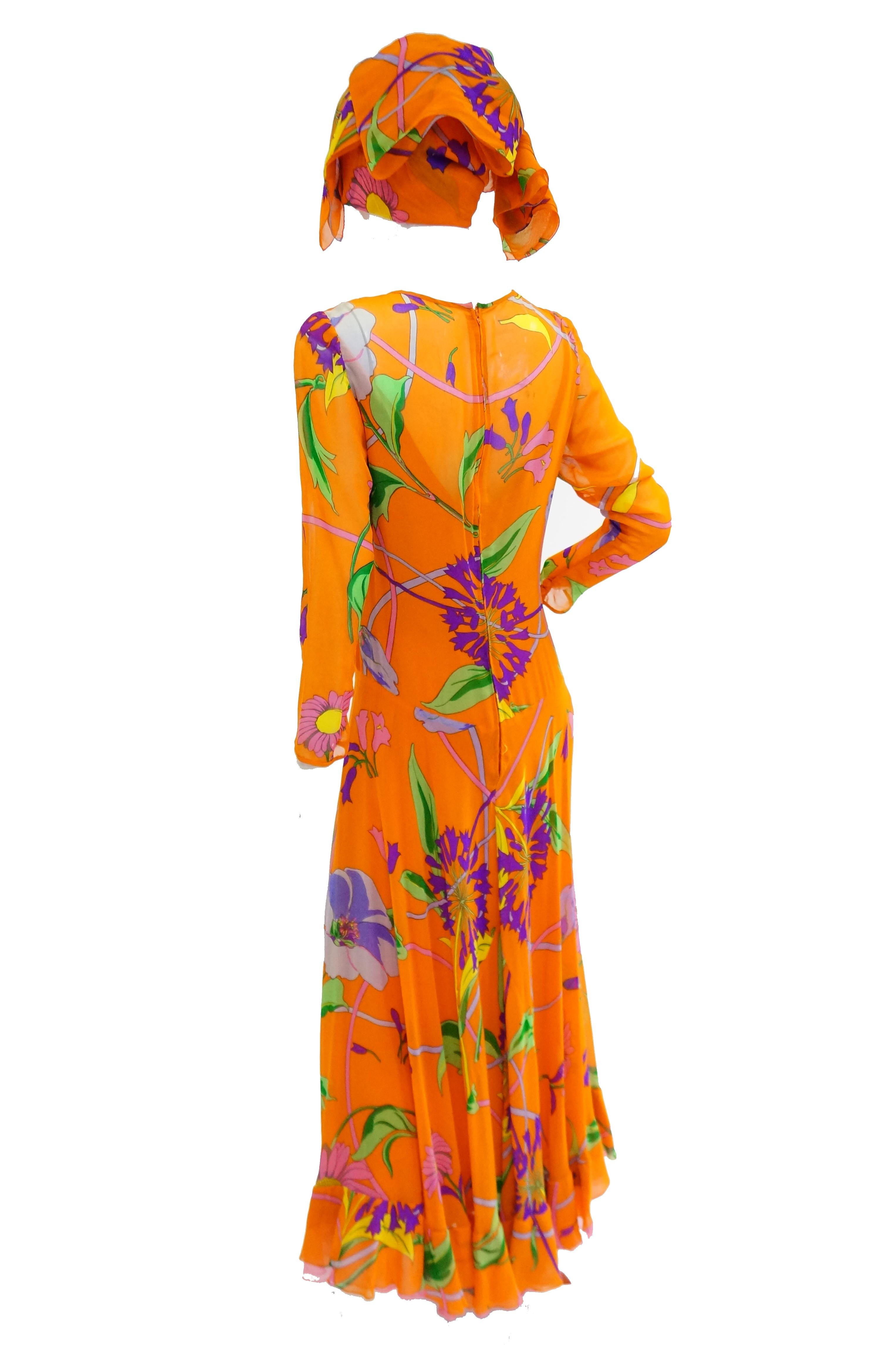 Women's 1970s Orange Floral Bias Cut Semi Sheer Dress with Oversized Shawl For Sale