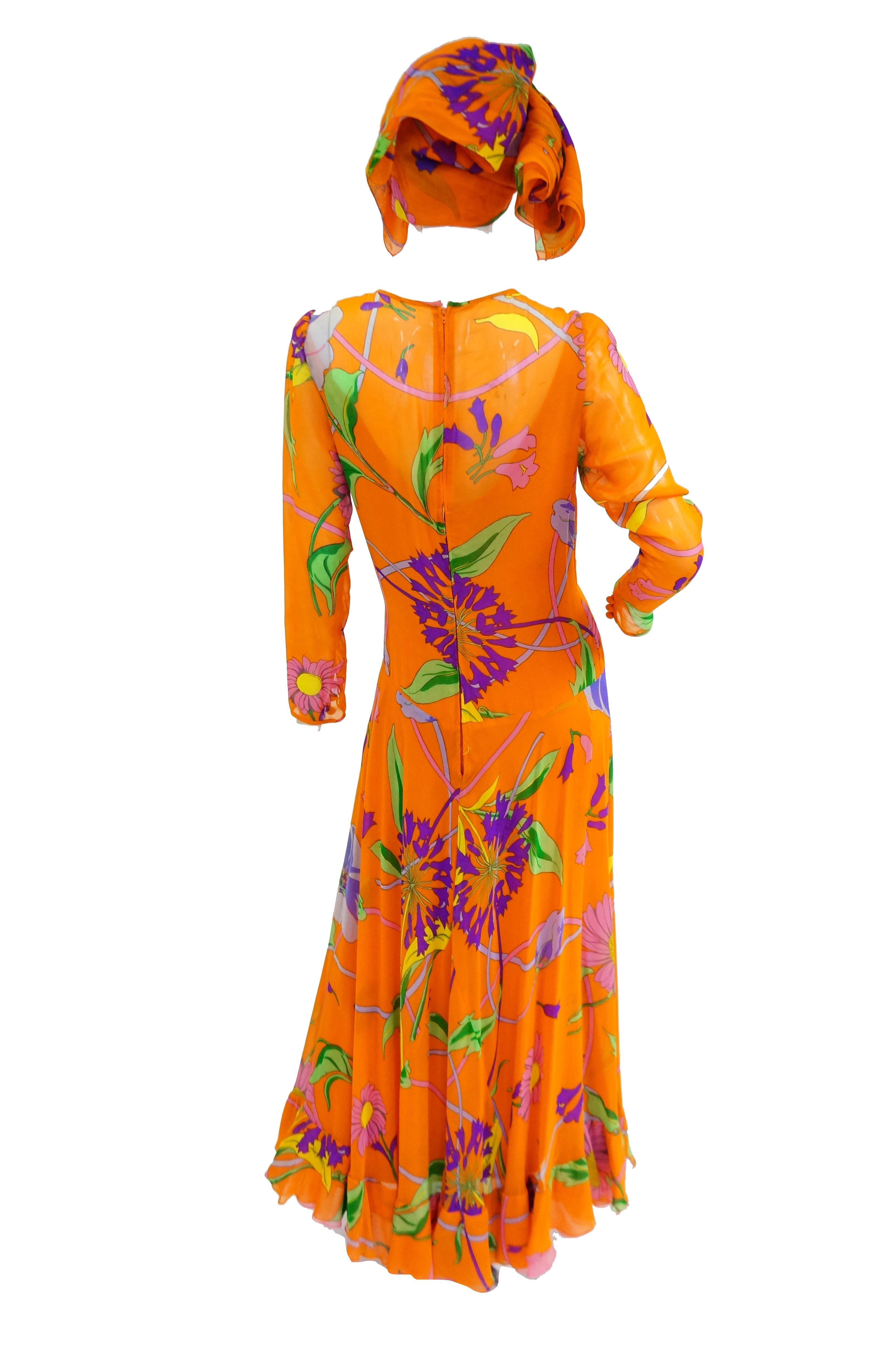 1970s Orange Floral Bias Cut Semi Sheer Dress with Oversized Shawl For Sale 1