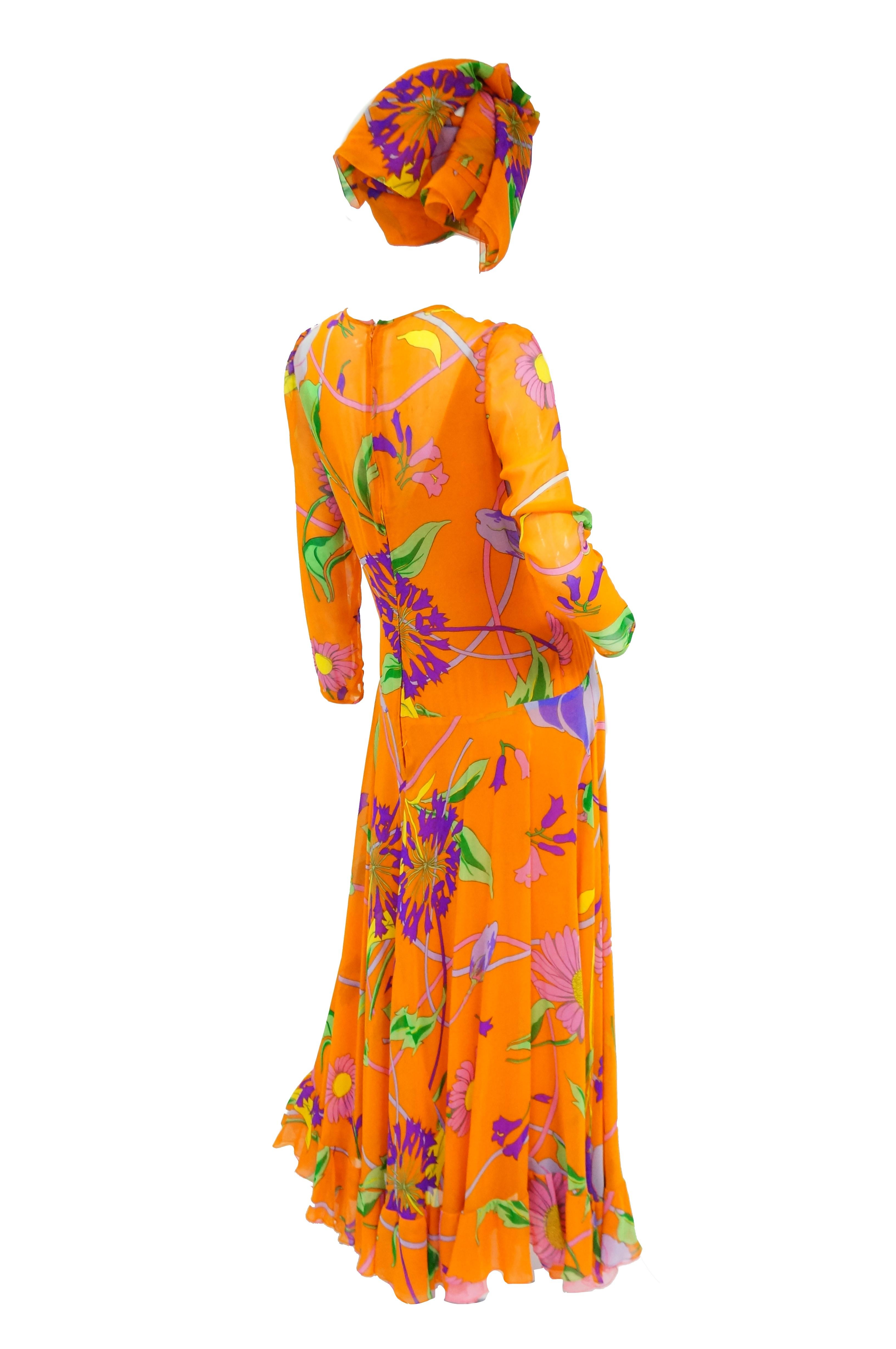 1970s Orange Floral Bias Cut Semi Sheer Dress with Oversized Shawl For Sale 2